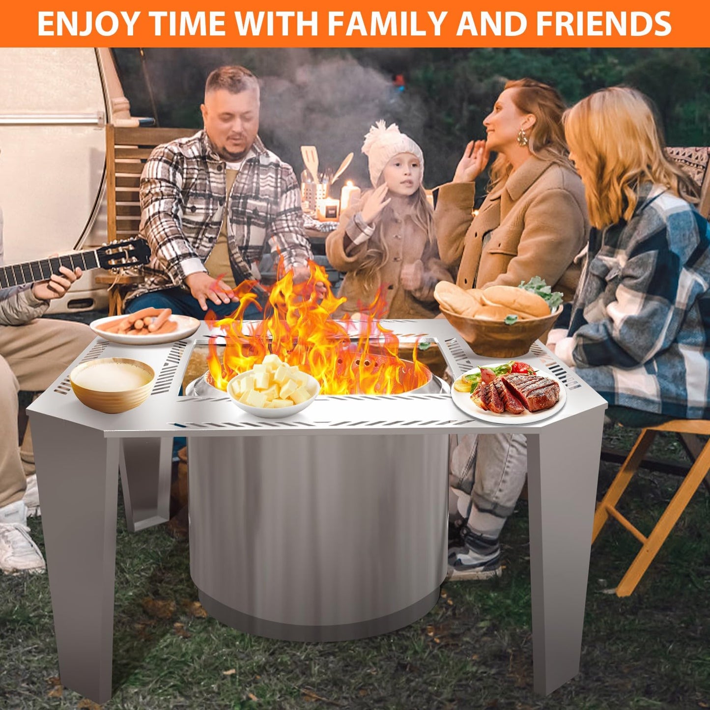 Uniflasy Fire Pit Surround Table for Solo Stove Yukon– Adjustable 41"/48" Stainless Steel Tabletop with Safety Barrier, Fits Yukon, Bonfire, Ranger, Tiki, Outdoor Table for Smokeless Fire Pit