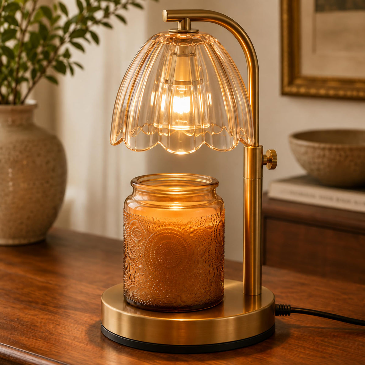 Scalloped Glass Candle Warmer Lamp with Timer (2H/4H/8H) - Dimmable & Adjustable Height - Wax Melter for Large & Small Jar Candles - 2 Bulbs - Gold Metal - Flameless Home Decor Gift for Women (Amber)
