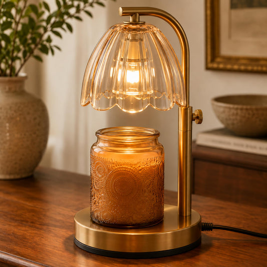 Scalloped Glass Candle Warmer Lamp with Timer (2H/4H/8H) - Dimmable & Adjustable Height - Wax Melter for Large & Small Jar Candles - 2 Bulbs - Gold Metal - Flameless Home Decor Gift for Women (Amber)