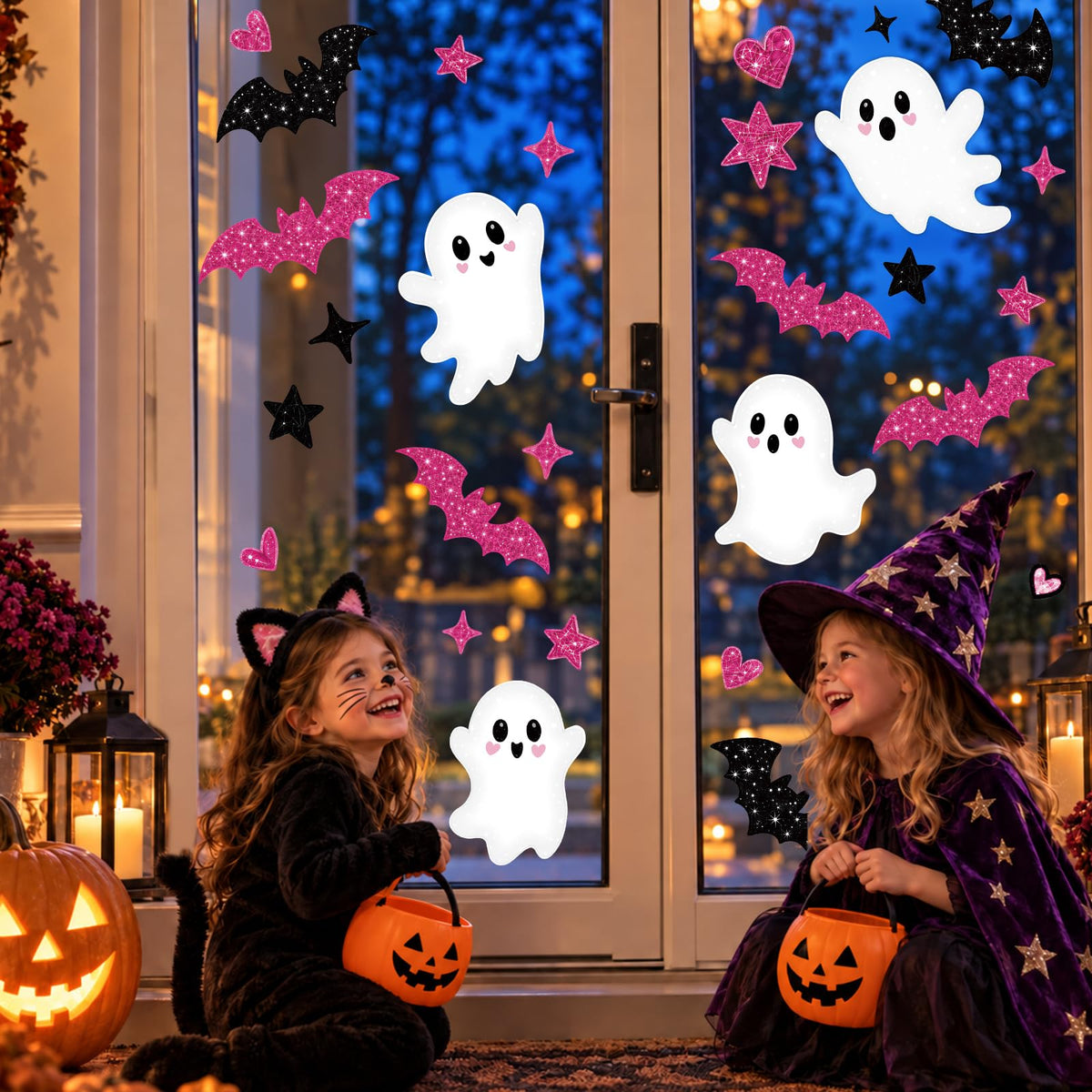 Pink Halloween Window Clings Decor Cute Ghost Stickers Decorations for Kids