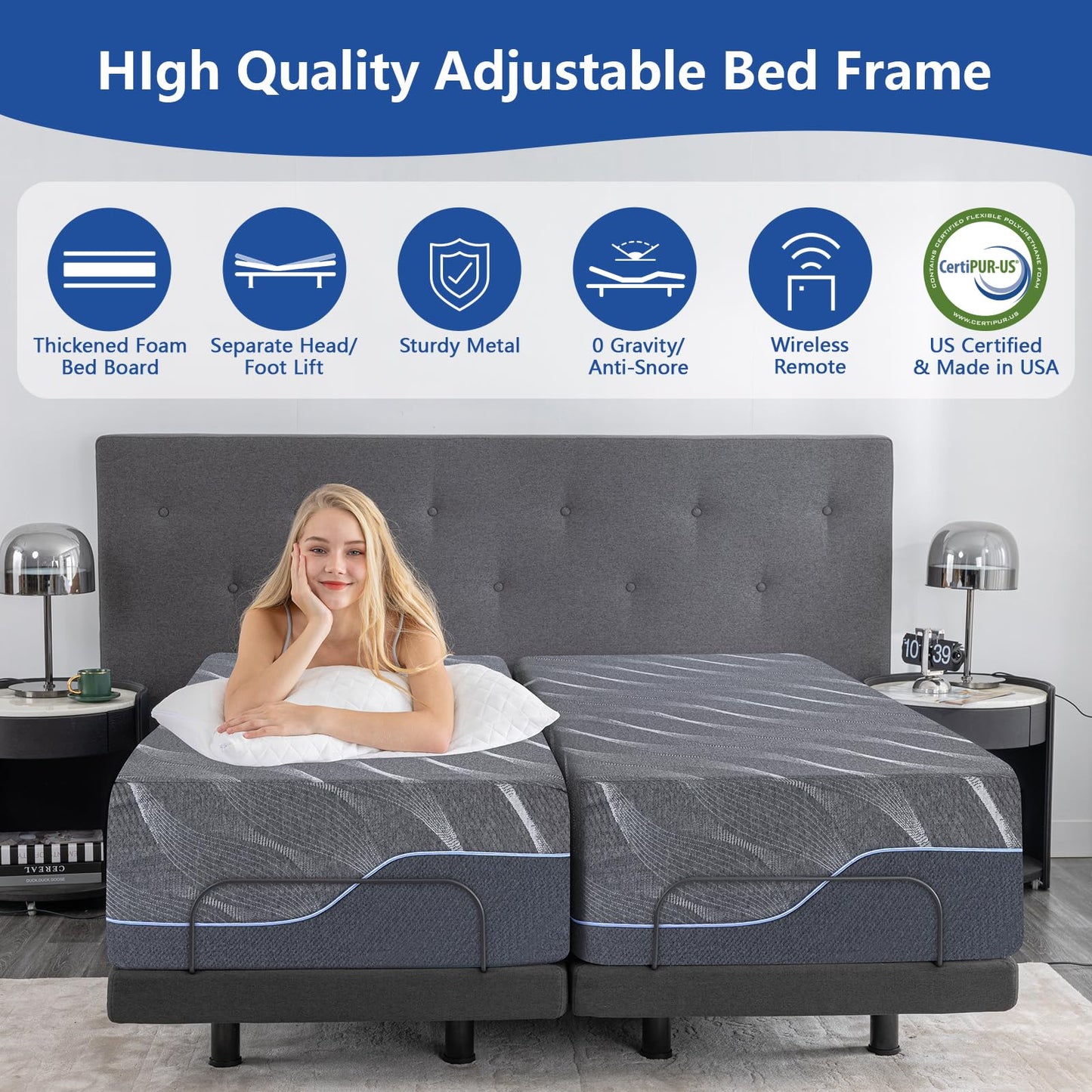 Vipbear Full Adjustable Bed Base with Mattress, 14 Inch Gray Gel Memory Foam Medium-Firm Mattress in Box, Adjustable Bed Frame with Wireless Remote, Smart Electric Bed Frame