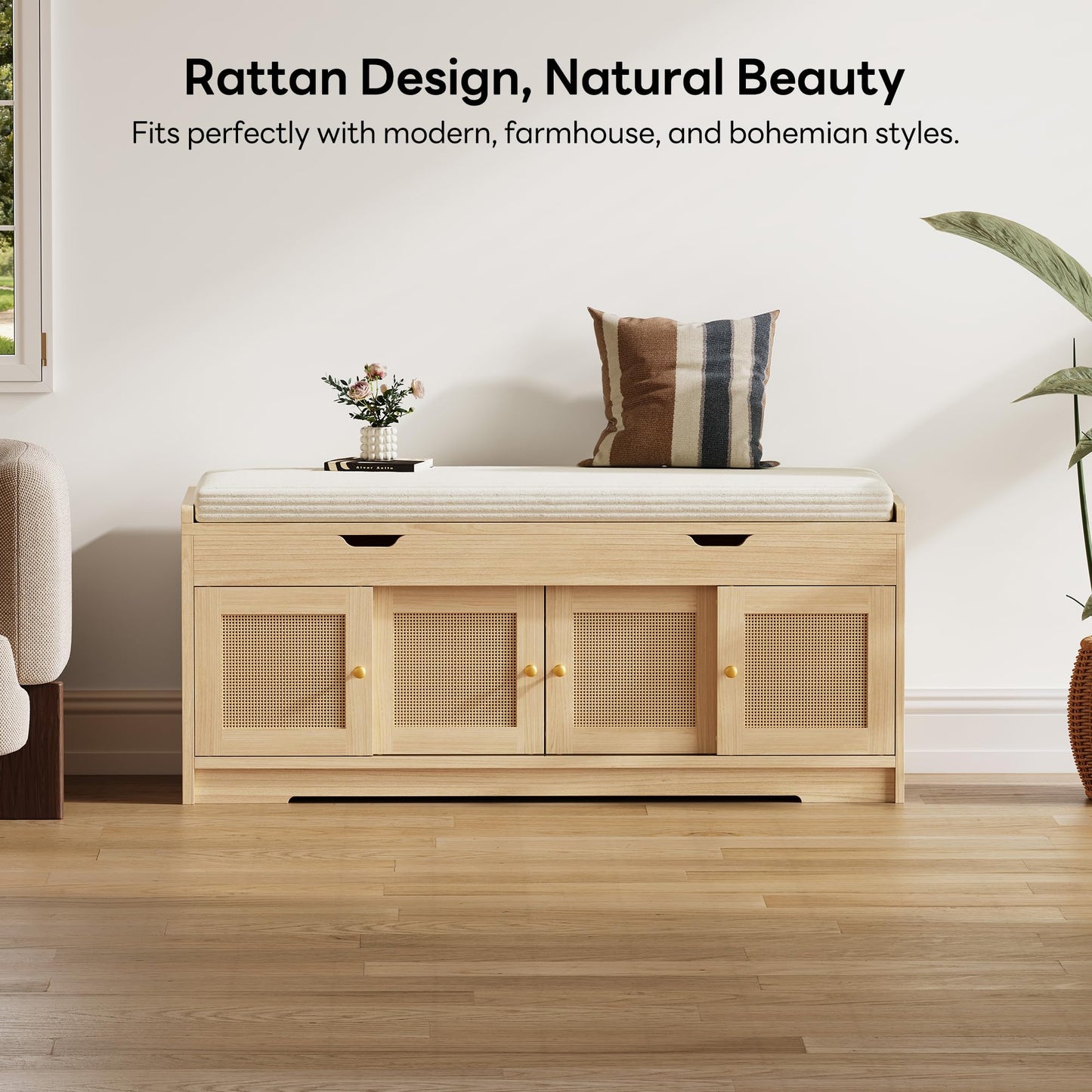 LIKIMIO 47.2" Shoe Bench with Lift Top Storage, Entryway Bench with Cushioned Seat, 2-Tier Rattan Shoe Cabinet with Adjustable Shelf, Storage Bench for Bedroom, Living Room, Hallway, Natural