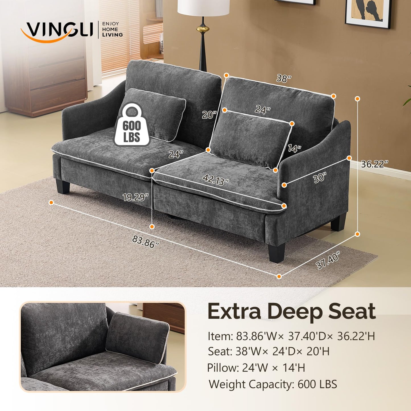VINGLI 84" Sofa Couch, 3 Seater Extra Deep Seat Upholstered Living Room Couches with 2 Piped Seater Cushions, Throw Pillows, Modern Linen Velvet Fabric Sofa for Apartment, Bedroom, Office