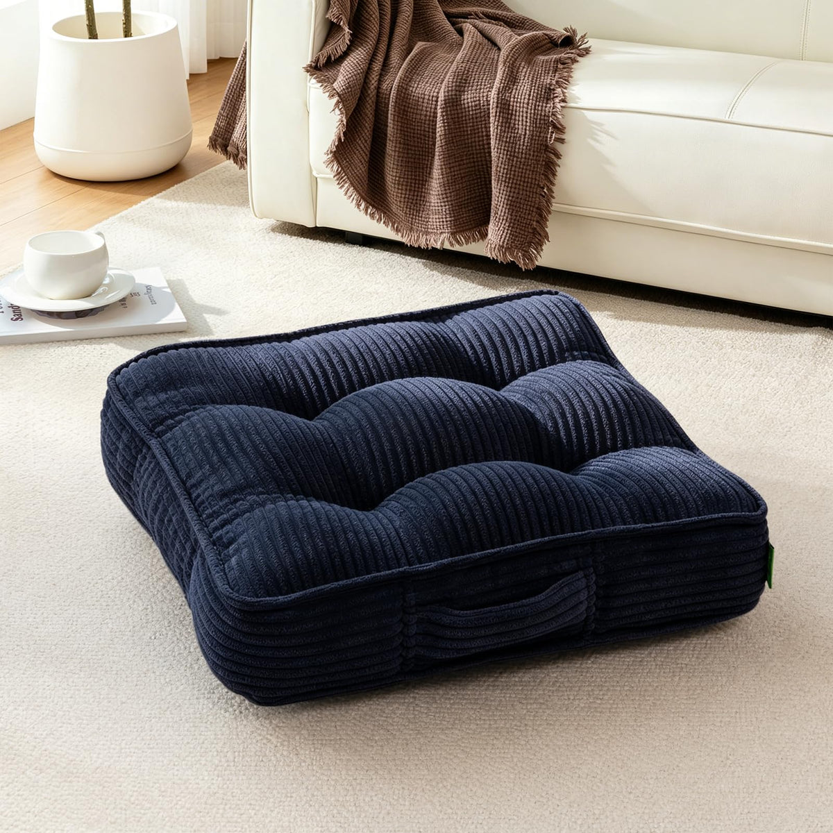 Smaour Meditation Floor Pillow, Square Large Pillows Seating for Adults, Tufted Corduroy Cushions for Yoga Reading Nook, Classroom and Living Room, Blue, 22x22 Inch