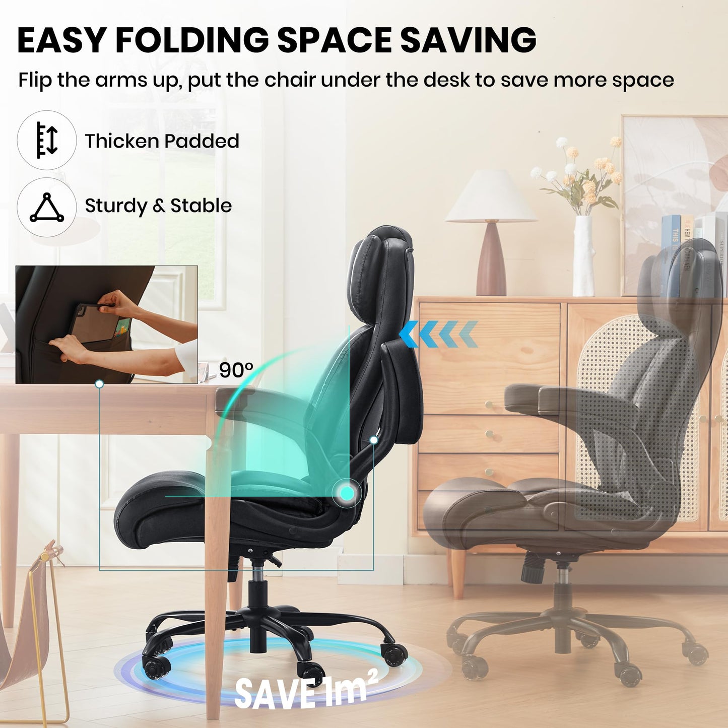 500lbs Big and Tall Office Chair Adjustable Lumbar Support for Back Pain, Extra Wide Seat Executive Office Chair Thick Armrest Pad, Heavy Duty Base&Upgraded Wheels, Ergonomic Desk Chair