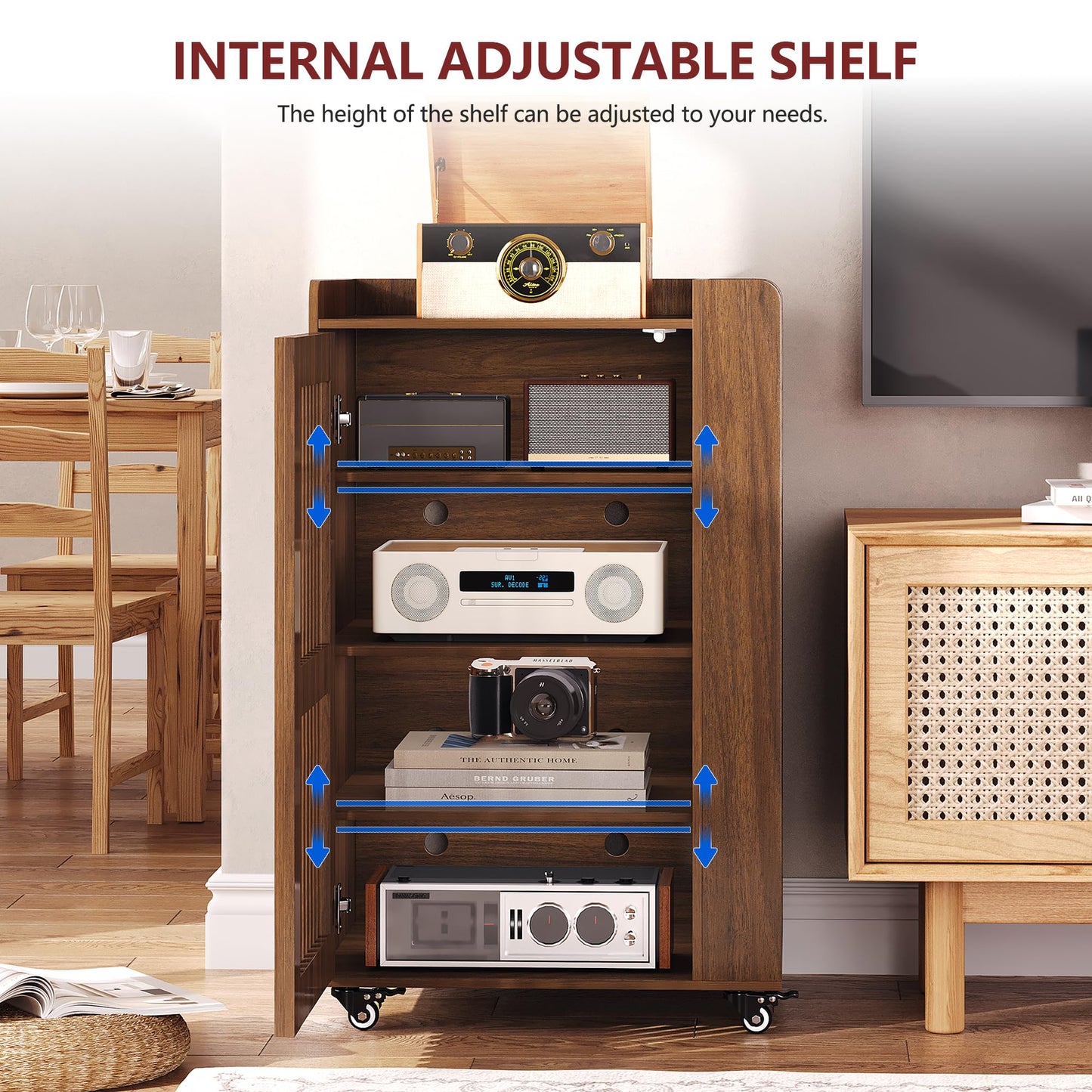 Rolling Media Cabinet with Side Vinyl Record Storage, 5-Tier Large Stereo Cabinet with Door and Cable Management, Audio Video Shelf for Living Room Gaming Room Music Room (Walnut)