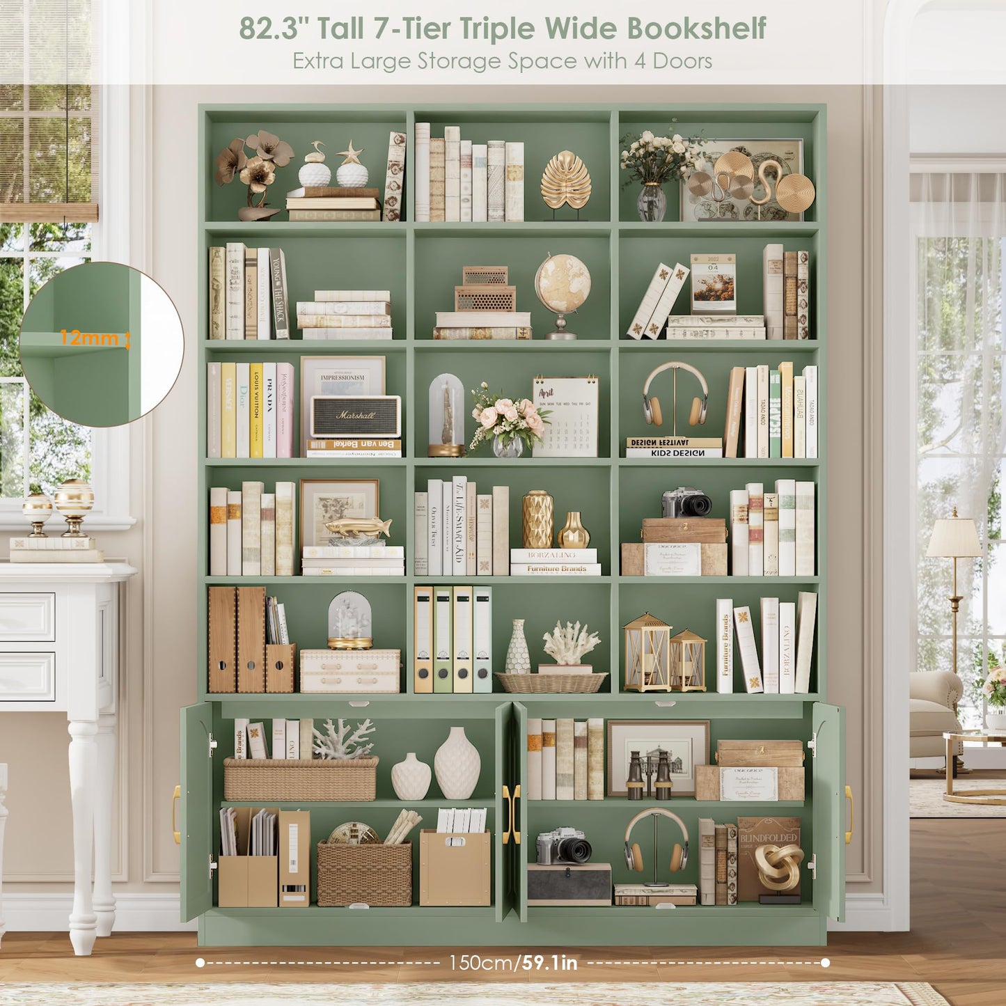 FACBOTALL 82.3" Triple Wide Bookshelf, 7-Tier Tall Bookcase with 15-Cube Open Bookshelf & 4 Doors, Large Bookshelf with Storage Cabinet, Modern Bookshelf for Living Room, Office, Study Room, Green