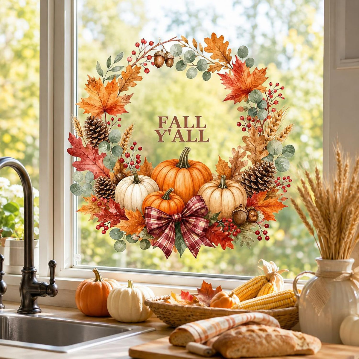 RIICFDD Fall Window Clings Red Plaid Bow Wreath Window Decals 1 Sheet