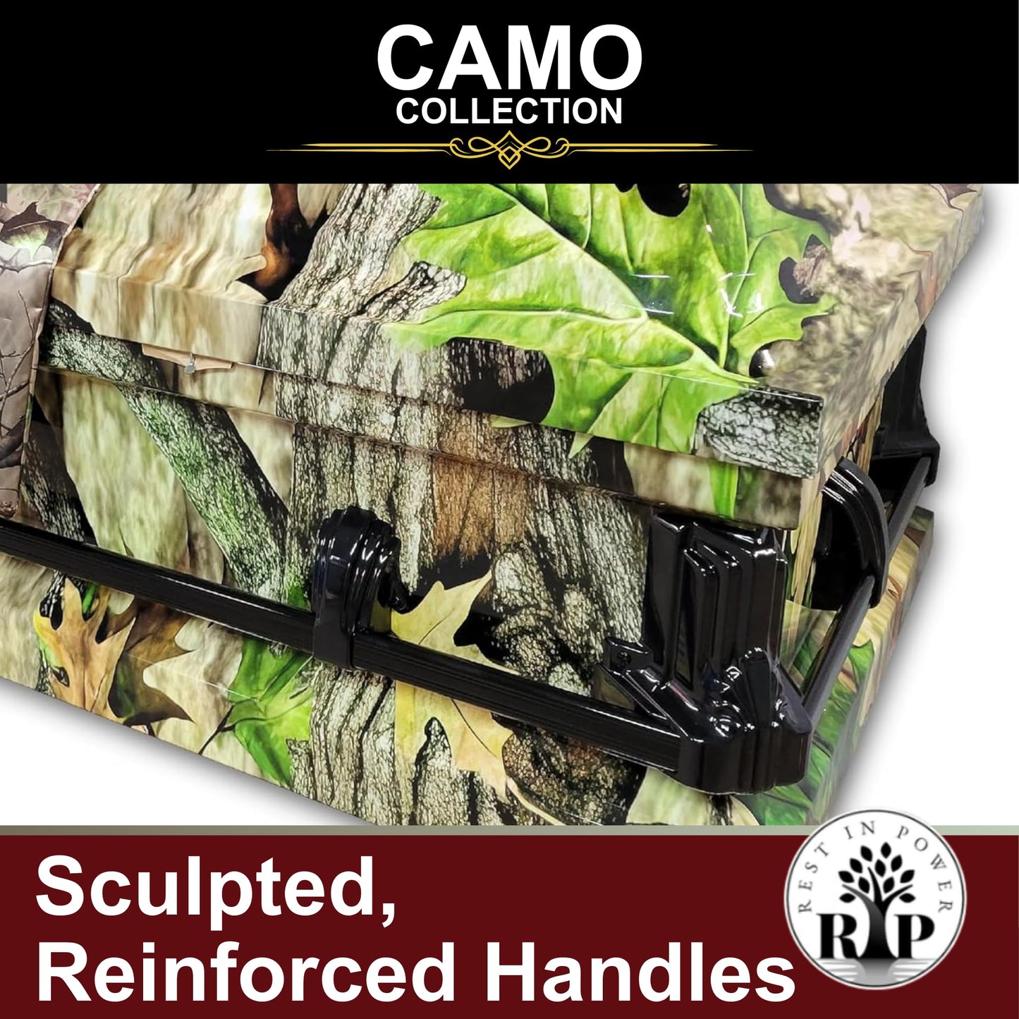 Rest In Power Premium Camo Burial Casket for Humans – Elegant Caskets and Burial Coffins for Adults with Lush Comfort Plus Interior (Green)