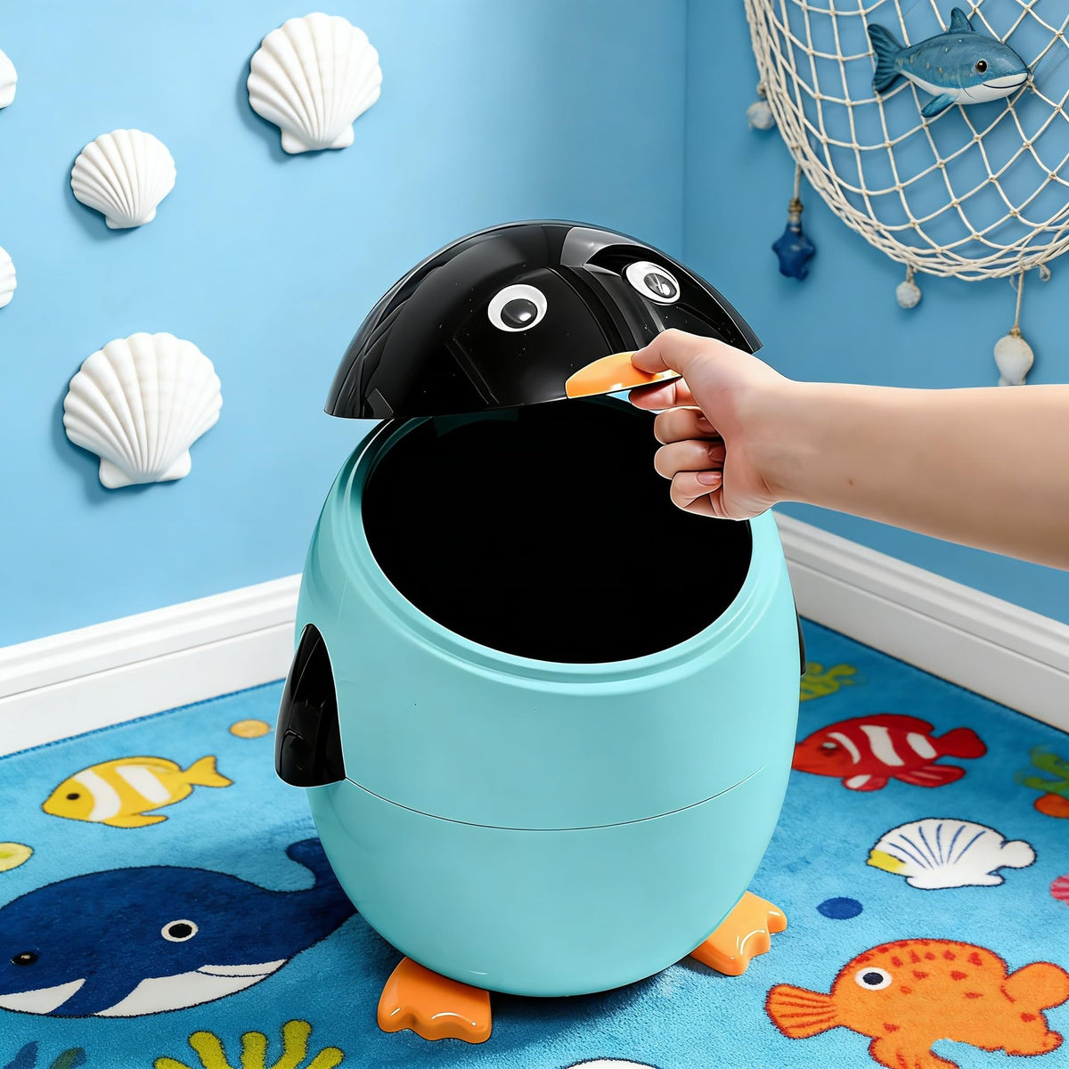 URALFA Penguin Trash Can, 3.2 Gal Kids Trash Can, Removable Inner Bucket