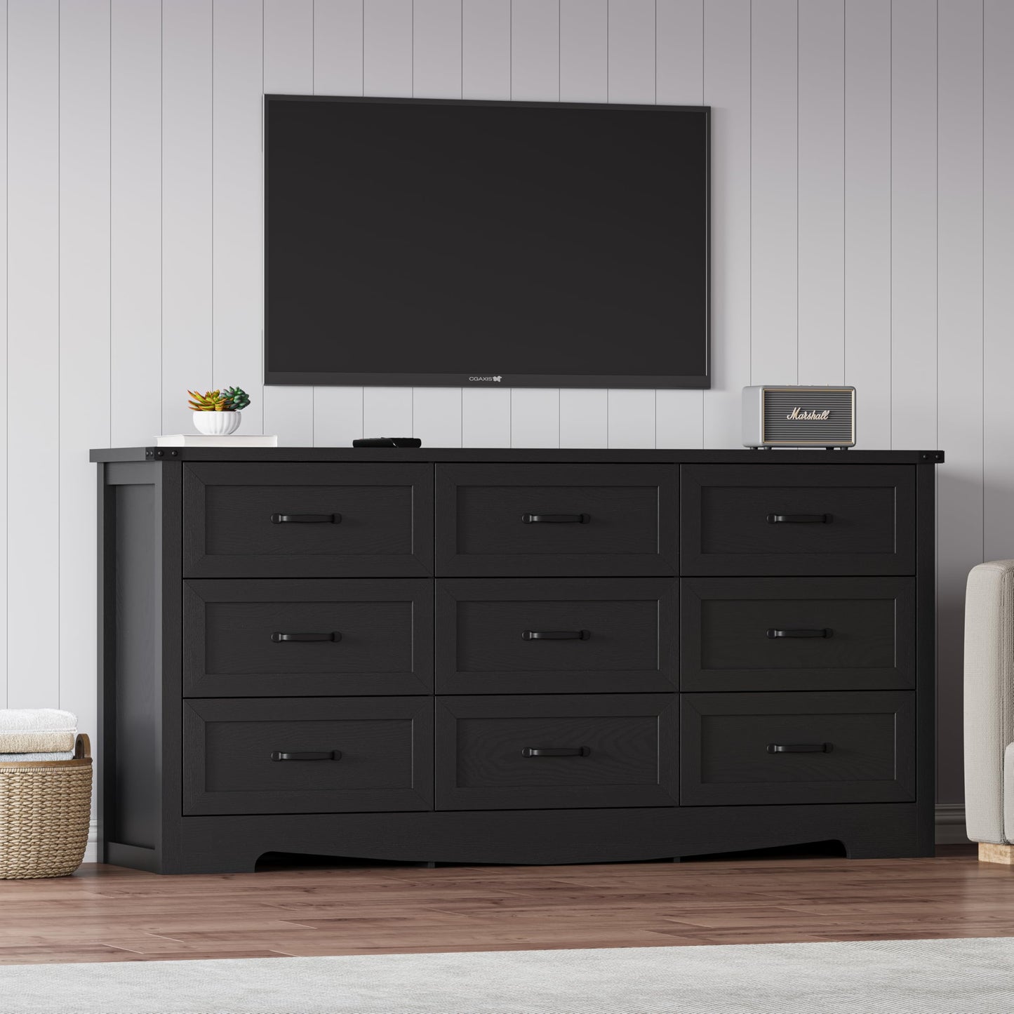 Thacuok Black Dresser for Bedroom, 59'' Wide Chest of Drawers with Natural Wood Texture, 9 Drawer Dresser for Closet with Metal Handles, Sleek Storage Solution for Living Room, Office, Hallway