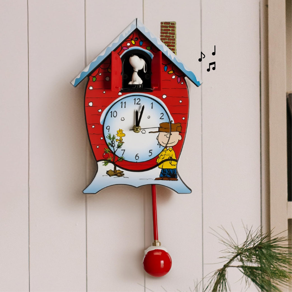 Mark Feldstein Peanuts Linus & Lucy Christmas Cuckoo Clock, Red, 17 in