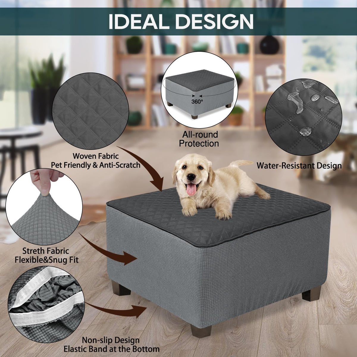 NeColorLife Waterproof Square Ottoman Cover, Large, Dark Gray