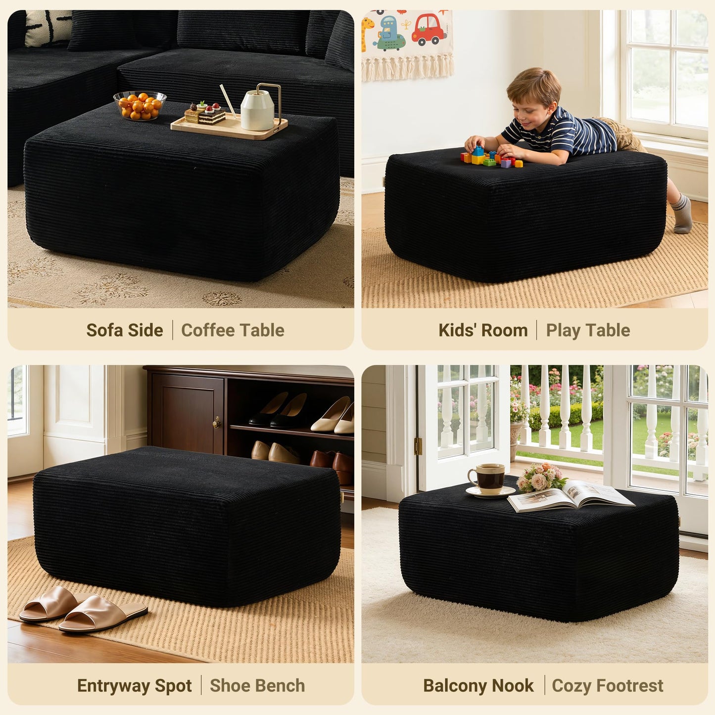37" Square Cloud Couch Ottoman Footstool, Upholstered Foam Filling Footrest Ottomans for Couch,Large Seat,Soft Fluffy Foot Stool for Living Room Bedroom, No Assembly Required,Black,Corduroy