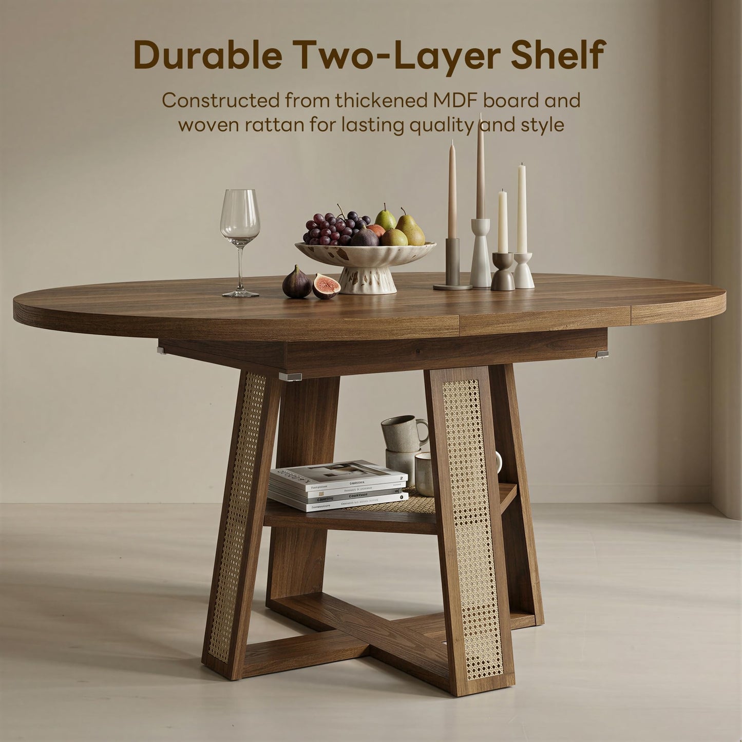 LIKIMIO 43"-59" Extendable Round Dining Table for 4-8, Transformer Oval Dining Room Table with Removable Leaves Space Saving, Wood Base Kitchen Table with Storage Shelf for Living Room, Walnut