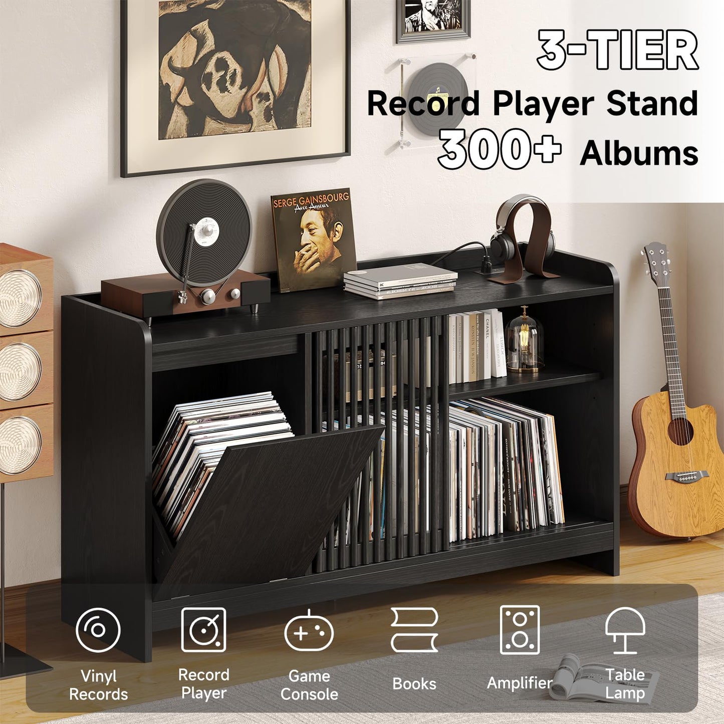 ONBRILL 48" Record Player Stand w/Flip-Out Storage Cabinet, Sliding Door