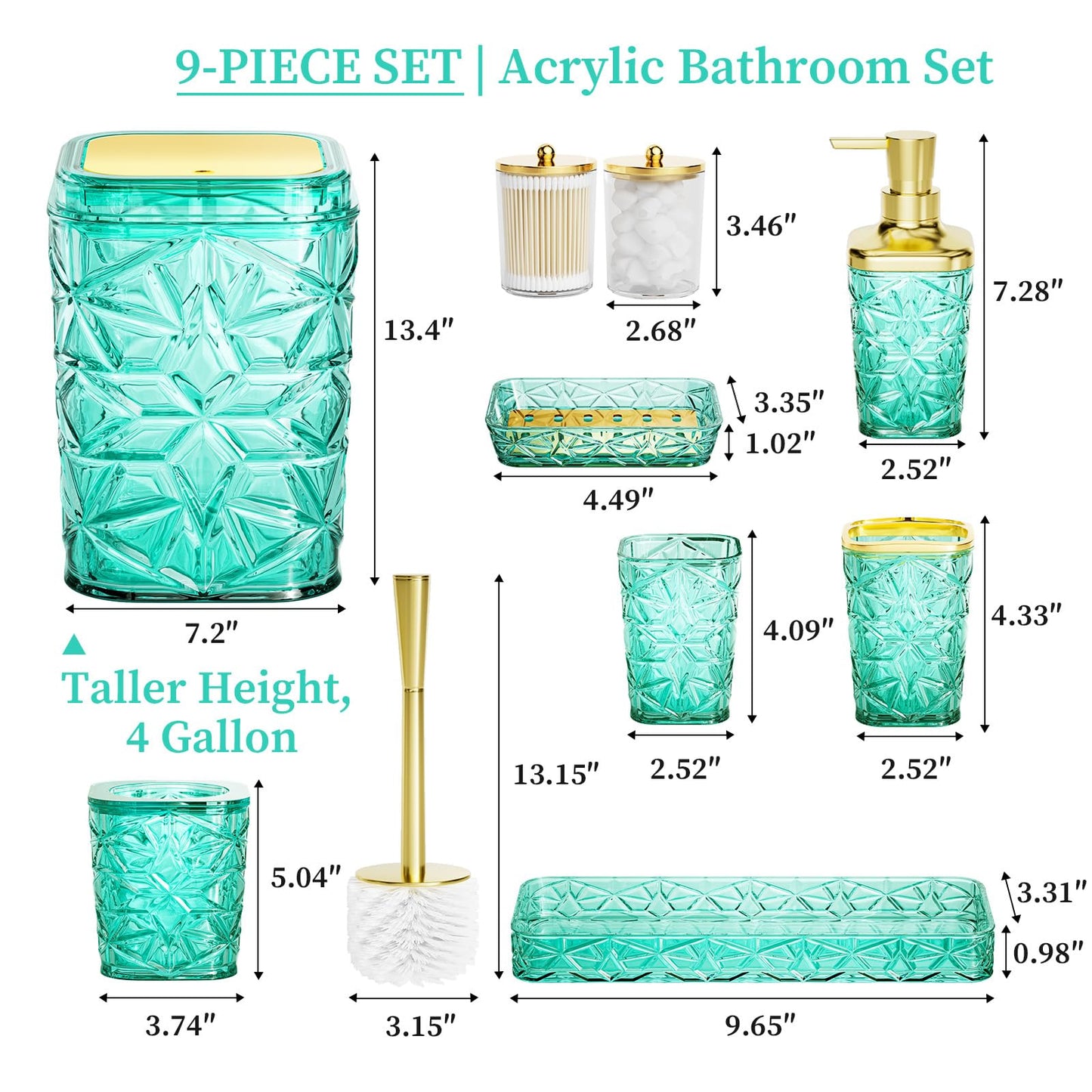 Bathroom Accessory Set, 9-Piece Teal Bathroom Set with Trash Can, Toilet Brush, Soap Dispenser, Soap Dish, Toothbrush Holder, Tumbler, Q-tip Holders & Tray, for Hotel/Apartment, Housewarming Gift