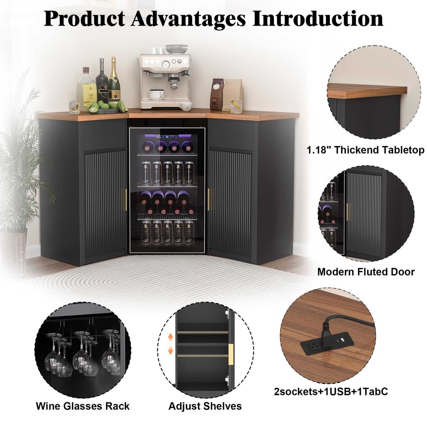 GDLF Corner Bar Cabinet with Fridge Space, Corner Coffee Bar Station with Storage, L Shaped Liquor Wine Cabinet for Home