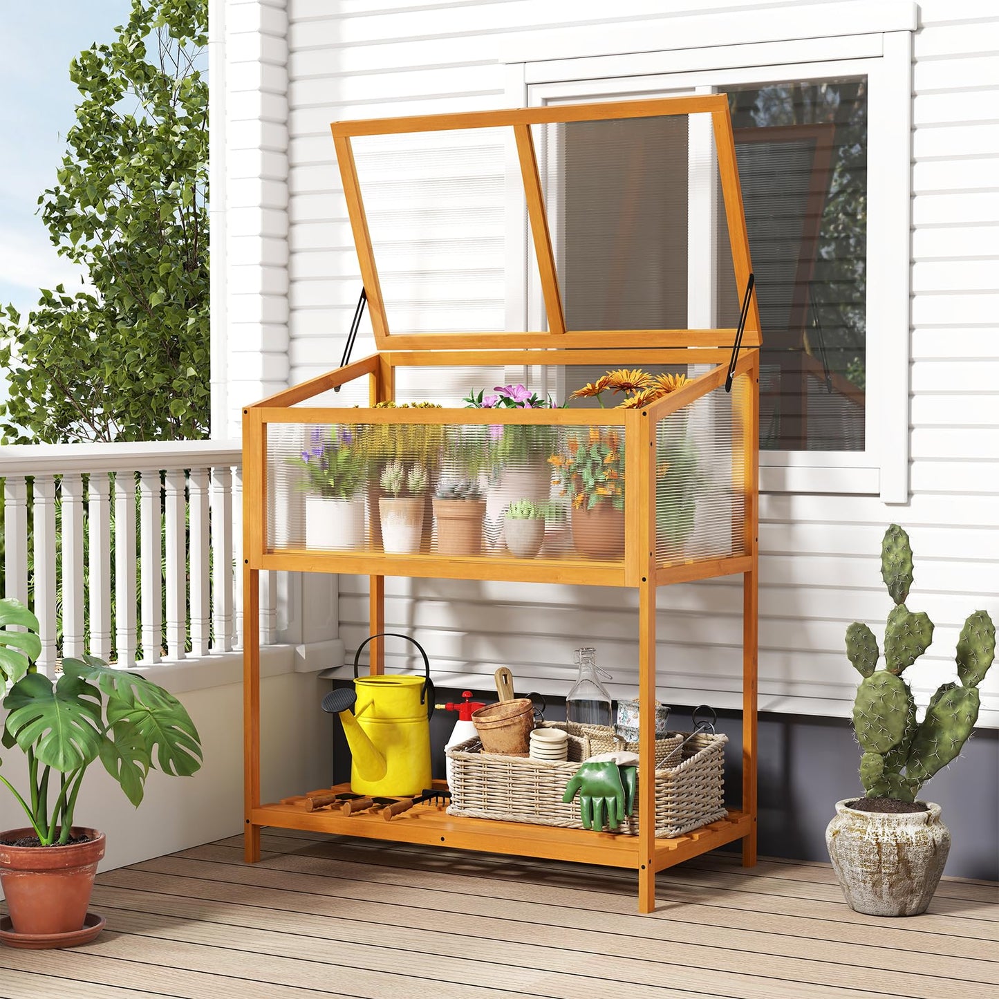 Giantex Wood Cold Frame Greenhouse, Raised Flower Planter Protection with Transparent Openable Roof & Slatted Shelf, Indoor Outdoor Hot House for Garden Balcony, 36”x20”x42”