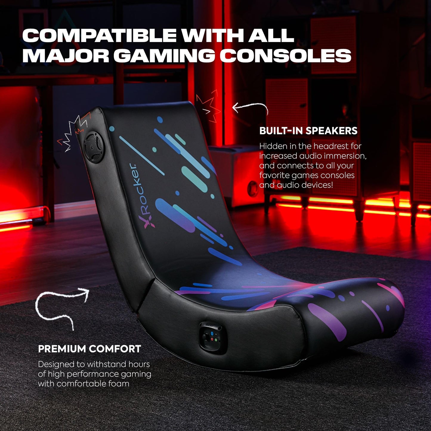 X Rocker Pixel Printed Video Gaming Floor Chair with Headrest Speakers, Wireless Bluetooth, Foldable, Vegan Leather, 300 lbs Max, Amazon Exclusive, Black, Gifts for Gamers