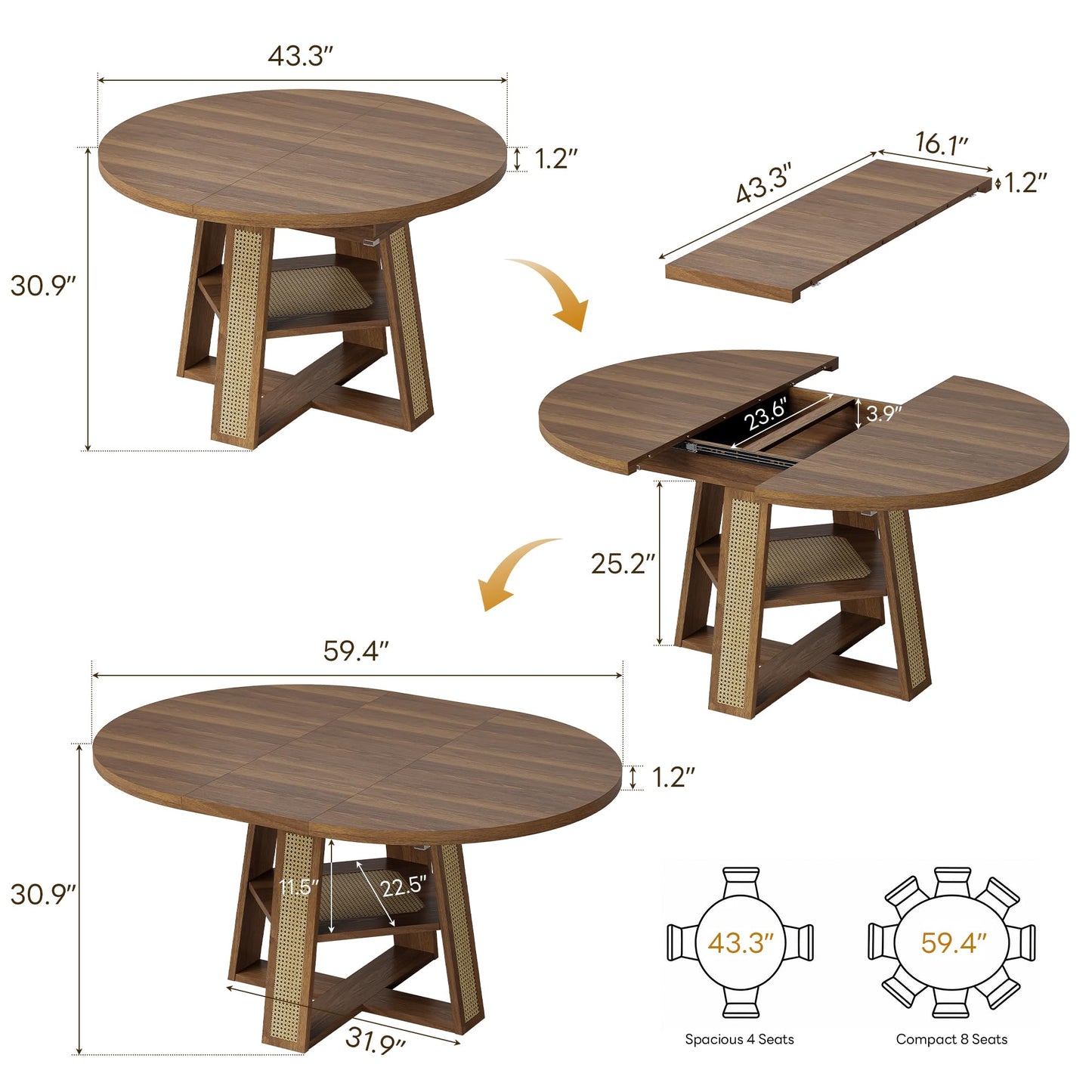 LIKIMIO 43"-59" Extendable Round Dining Table for 4-8, Transformer Oval Dining Room Table with Removable Leaves Space Saving, Wood Base Kitchen Table with Storage Shelf for Living Room, Walnut