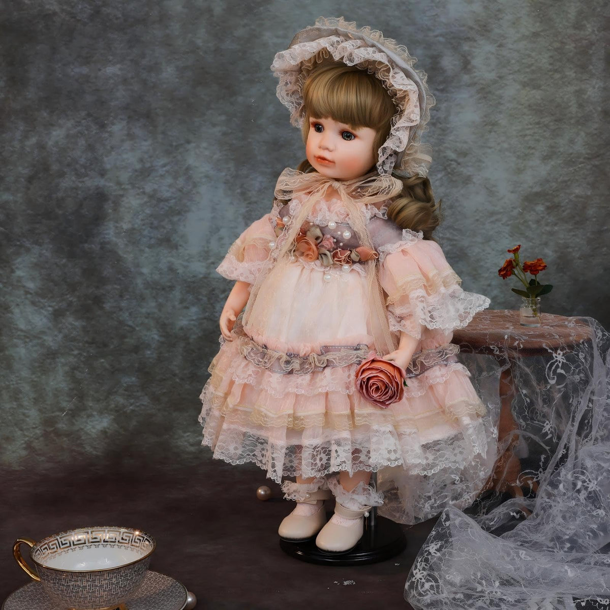 Cloveray 18 Inch Kawaii Porcelain ＆ Fabric Doll Cute European Retro Handmade Ceramic Doll with Showing Stand for Room Decor, Birthday Gifts, Collectible ，Name Olivier (Pink)