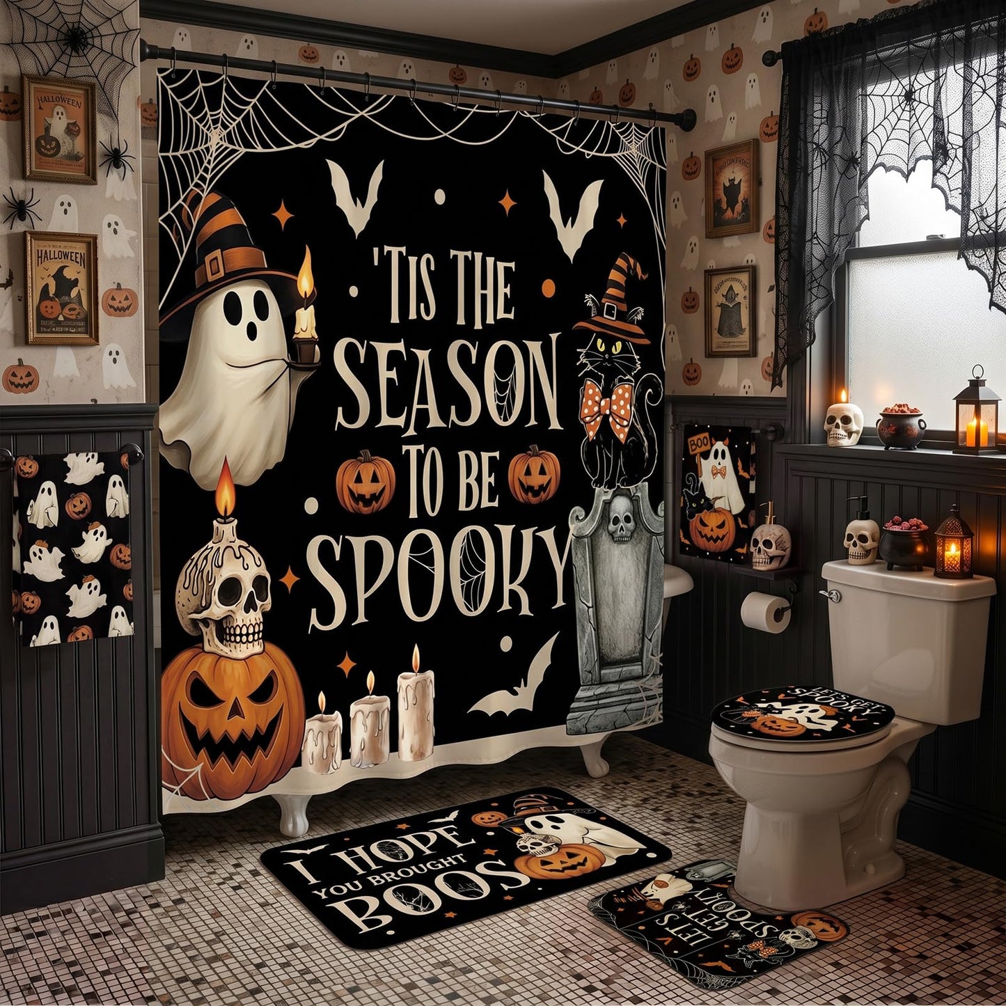 HunnmingRe 6 Pcs Halloween Bathroom Decor, Spooky Ghost Shower Curtain Sets