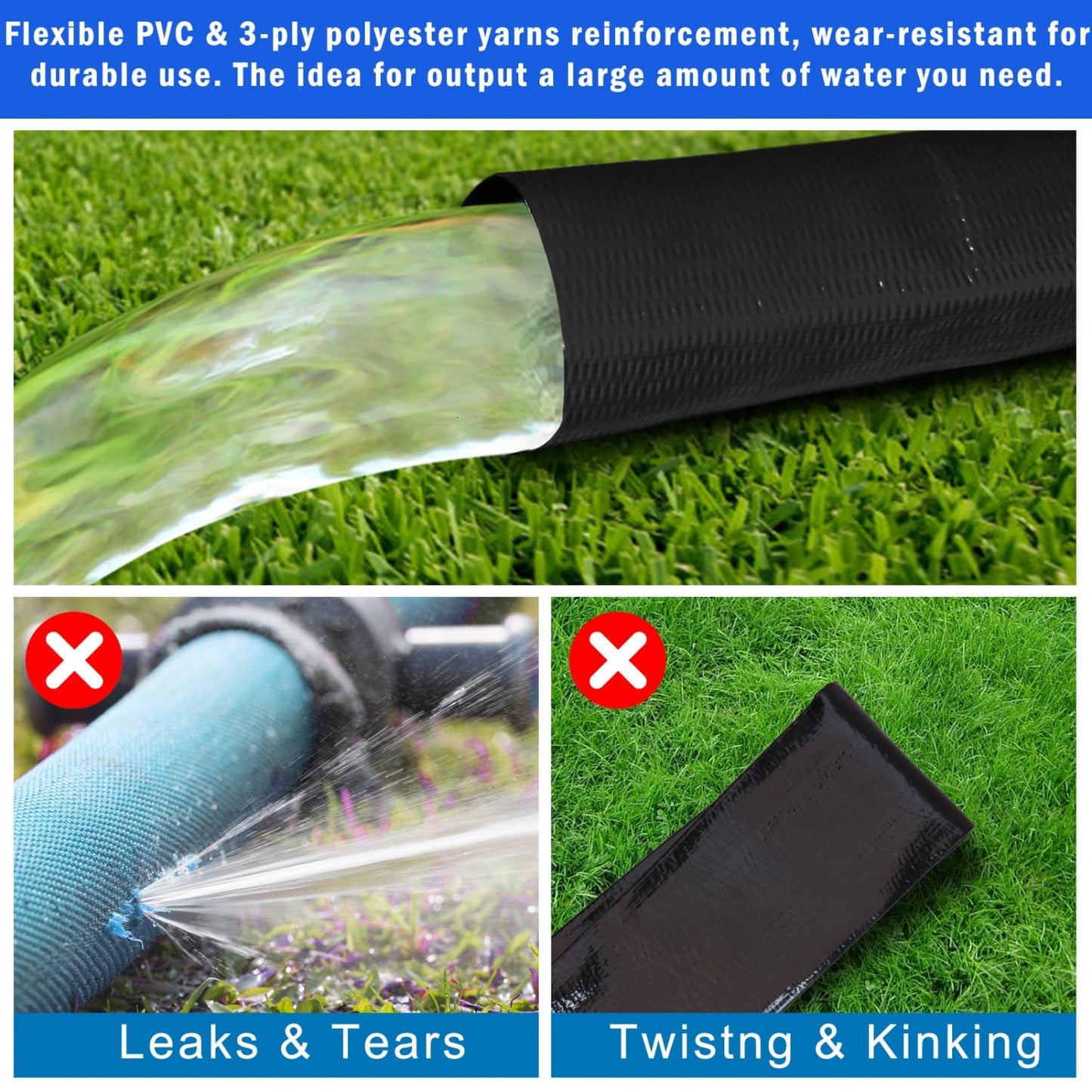 Gonioa 2 inches x 50 FT Heavy-Duty PVC Swimming Pool Backwash Hose, Reinforced Discharge Hose with Clamp for Swimming Pools, Black