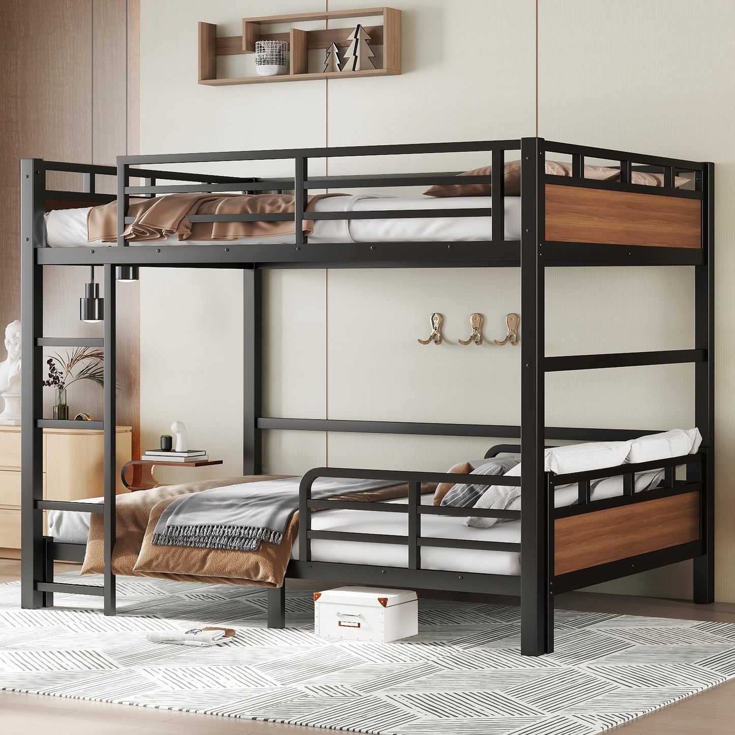 Bellemave Full XL Over Full XL Bunk Bed, Separable Bunk Beds for Kids, Converts to Loft Bed & Platform Bed, Heavy Duty Metal Bunkbed with Guardrails, No Box Spring Needed, Walnut