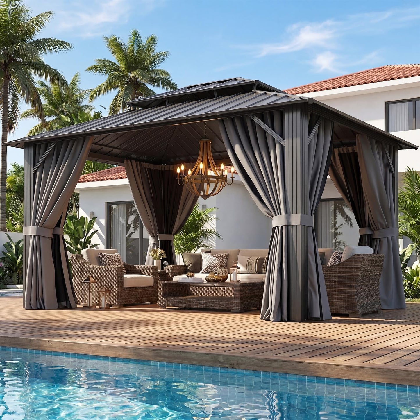 Aoxun 10x12 Gazebo Hardtop Gazebo with Double Galvanized Steel Roof Outdoor Pavilion with Breathable Netting and Privacy Curtain for Backyard (Gray)