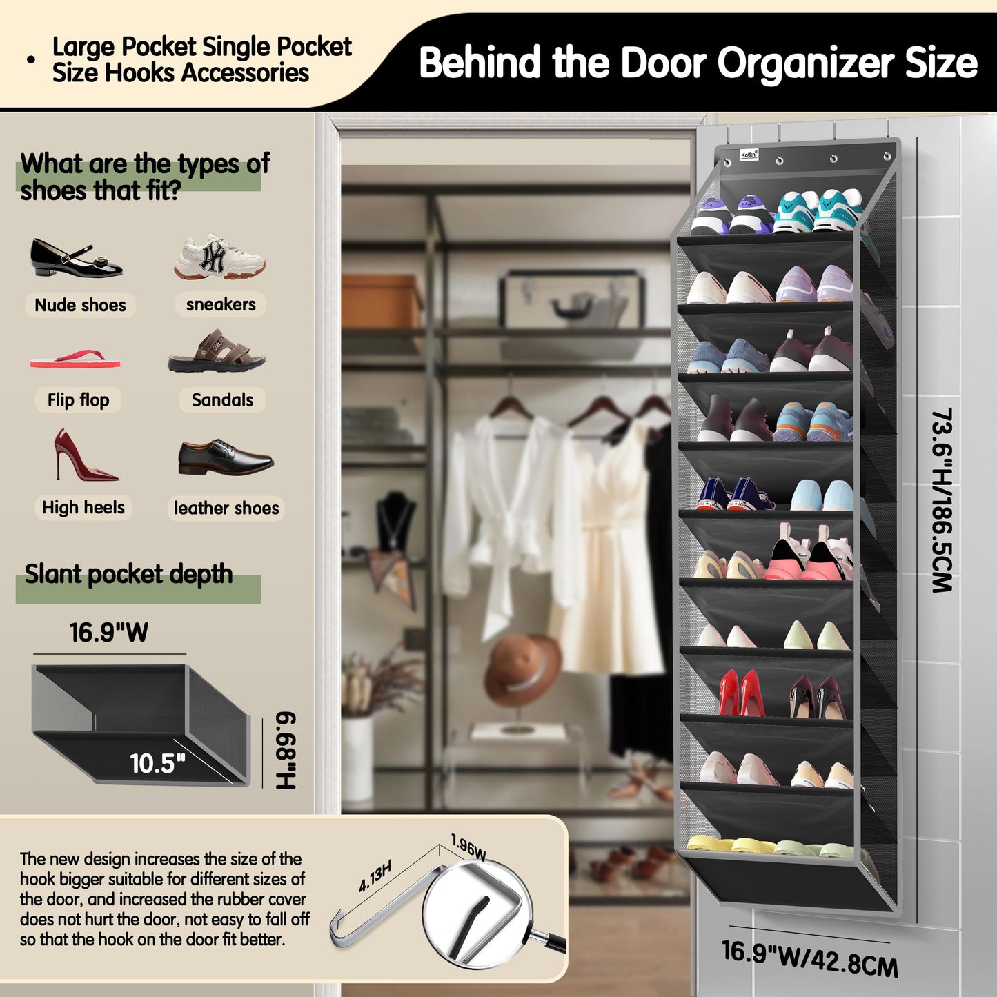 Kotkn 10 Tier Over The Door Organizer - Heavy Duty Hanging Storage Rack with Sturdy Oxford Fabric, Holds 20+ Pairs of Footwear, Boots & Sneakers, Saves 50% Closet Space (Black)