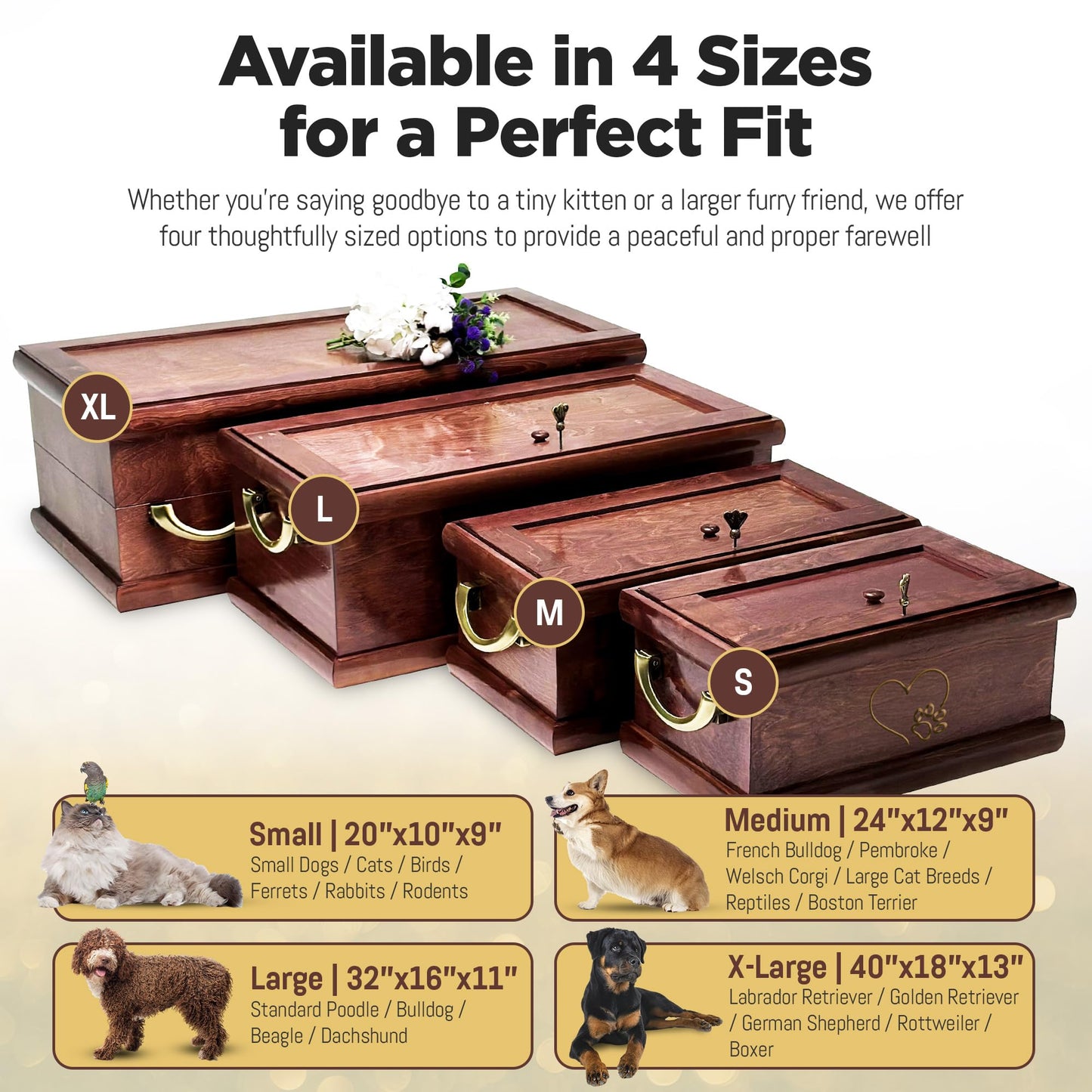 INTERWOOD Solid Wood Pet Casket - Natural Biodegradable Burial Coffin for Dogs & Cats, Handcrafted Hardwood Memorial Box with Secure Handles, Large 32 x 16 x 11 in Interior