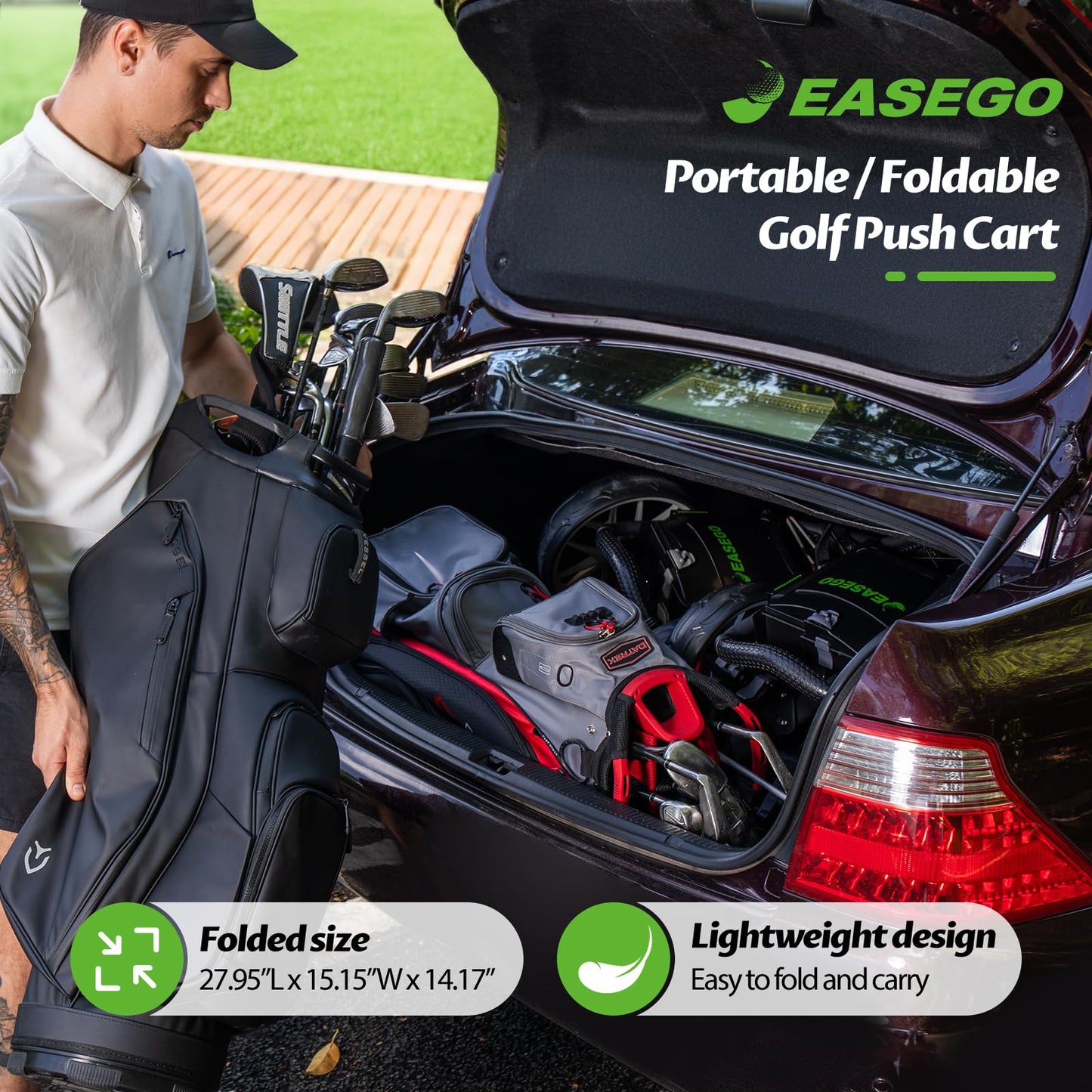 EASEGO Golf Push Cart 3 Wheel : Golf Caddy Pull Cart, One Click Folding Golf Bag Cart Lightweight Compact Golf Trolley with Cooler Bag, Umbrella, Cup & Phone Holder for Different Terrain