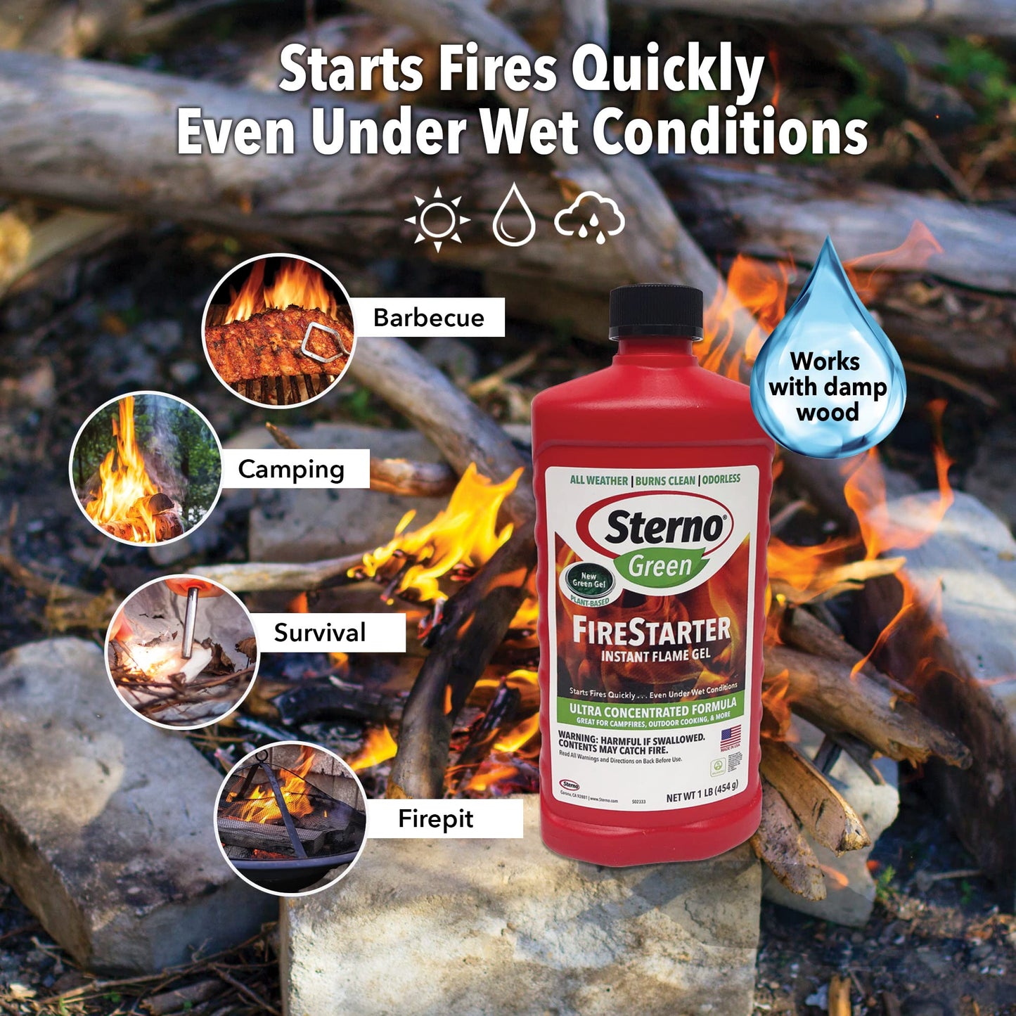 Sterno Charcoal Lighter Fluid, Fire Starter Gel for Pellet Stoves, BBQ Grilling, Campfire, Ethanol Clean Burning Instant Flame - Ultra-Concentrated, All-Weather for Indoor & Outdoor - 3-Pack, 16oz
