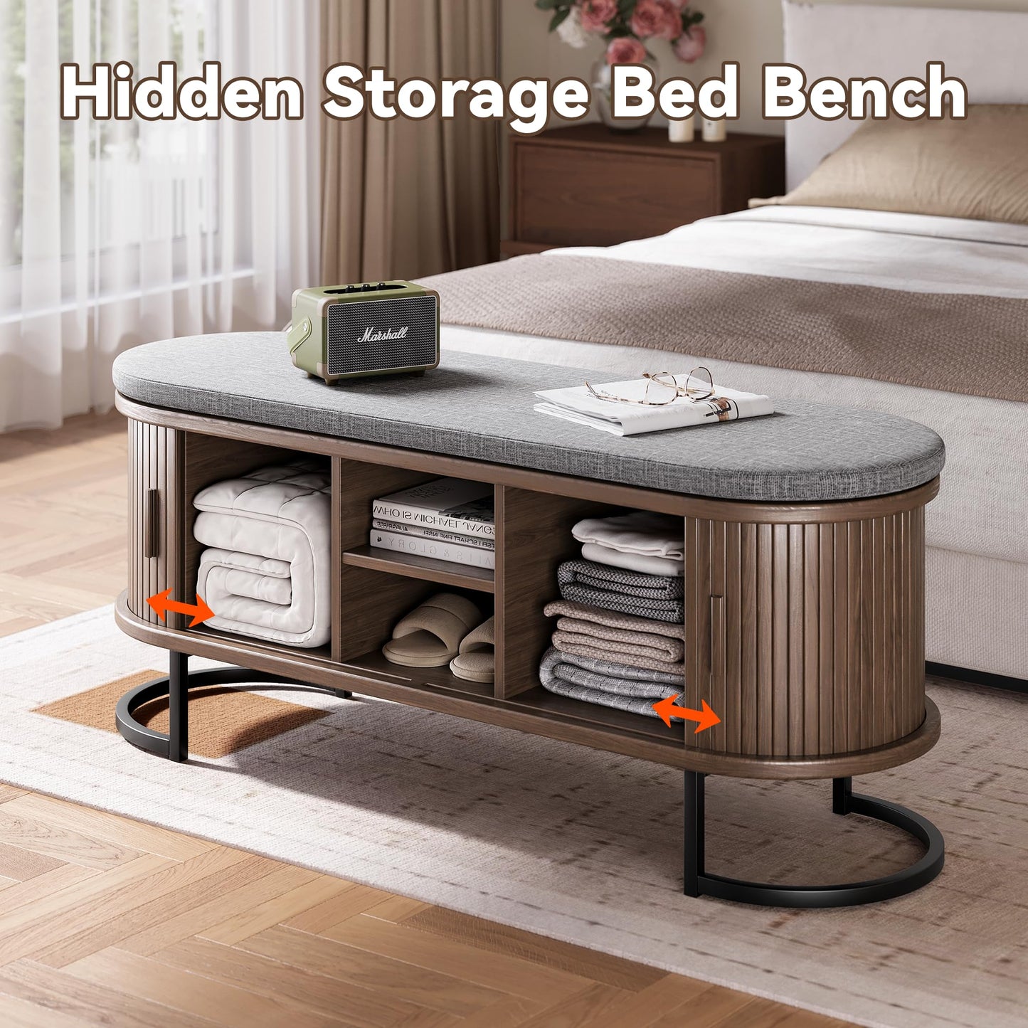 Decofy Storage Bench with Cushion and Sliding Doors, 47.2 Inch Large Entryway Shoe Bench with Sturdy Metal Feet, Multi-Functional for Entrance Hall, Bedroom, Living Room (Walnut)