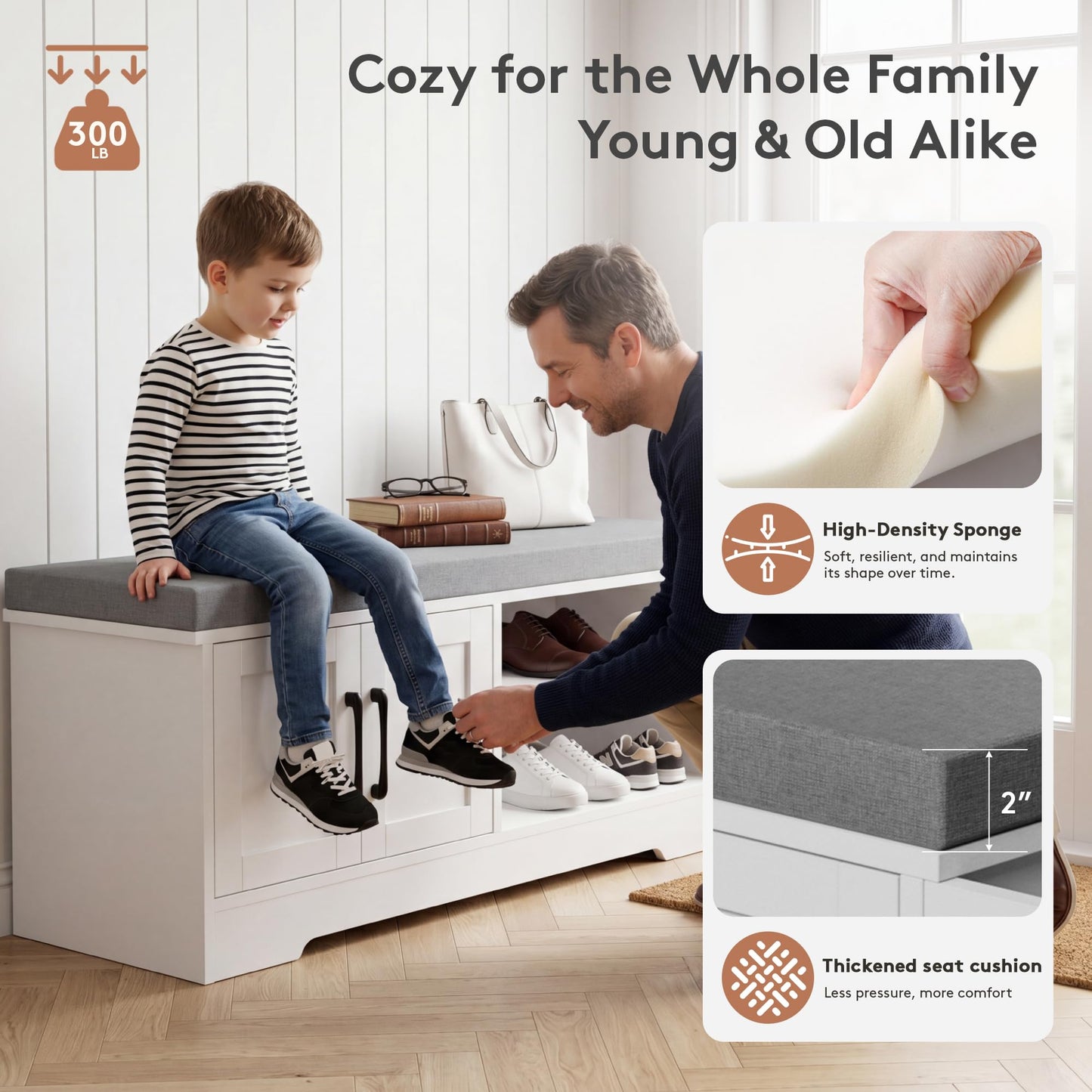 Farmhouse Shoe Storage Bench with 3-in-1 Entryway Storage & Padded Seat