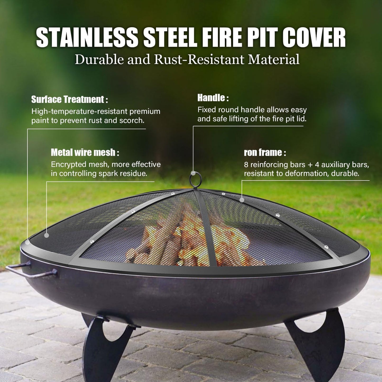 Fire Pit Spark Screen, 27 Inch Fire Pit Screen with Handle & Poker, Heavy-Duty Steel Fire Pit Cover Round Mesh Replacement Outdoor Firepit Screen Lid for Backyard/Beach/RV Camping