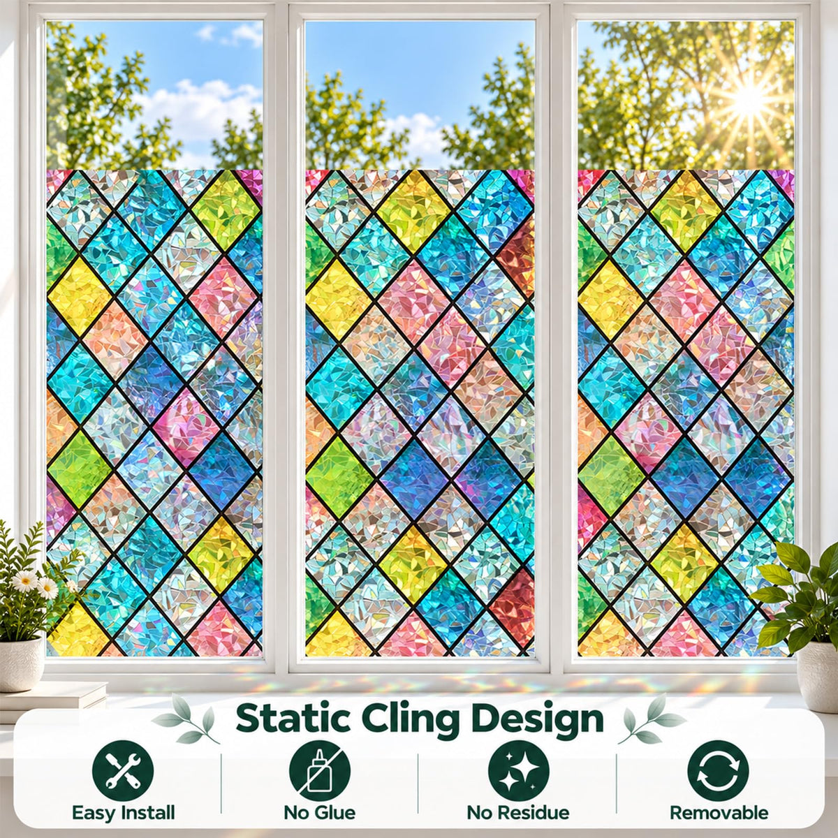 Bectosy Stained Glass Window Privacy Film, Static Cling, 17.5" x 78.7"
