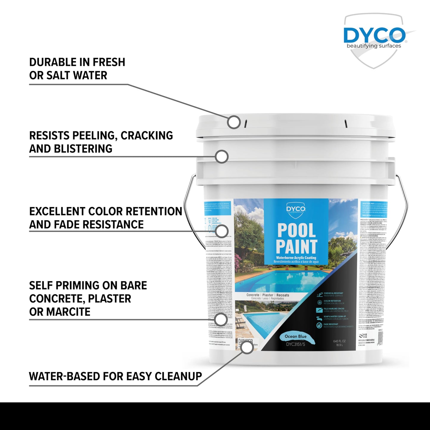 Dyco Waterborne Acrylic Pool Paint, Resistant to UV, Water, Salt, Chemicals, Fading, Cracking & More, Seals Hairline Cracks (Ocean Blue, 5 Gallon)
