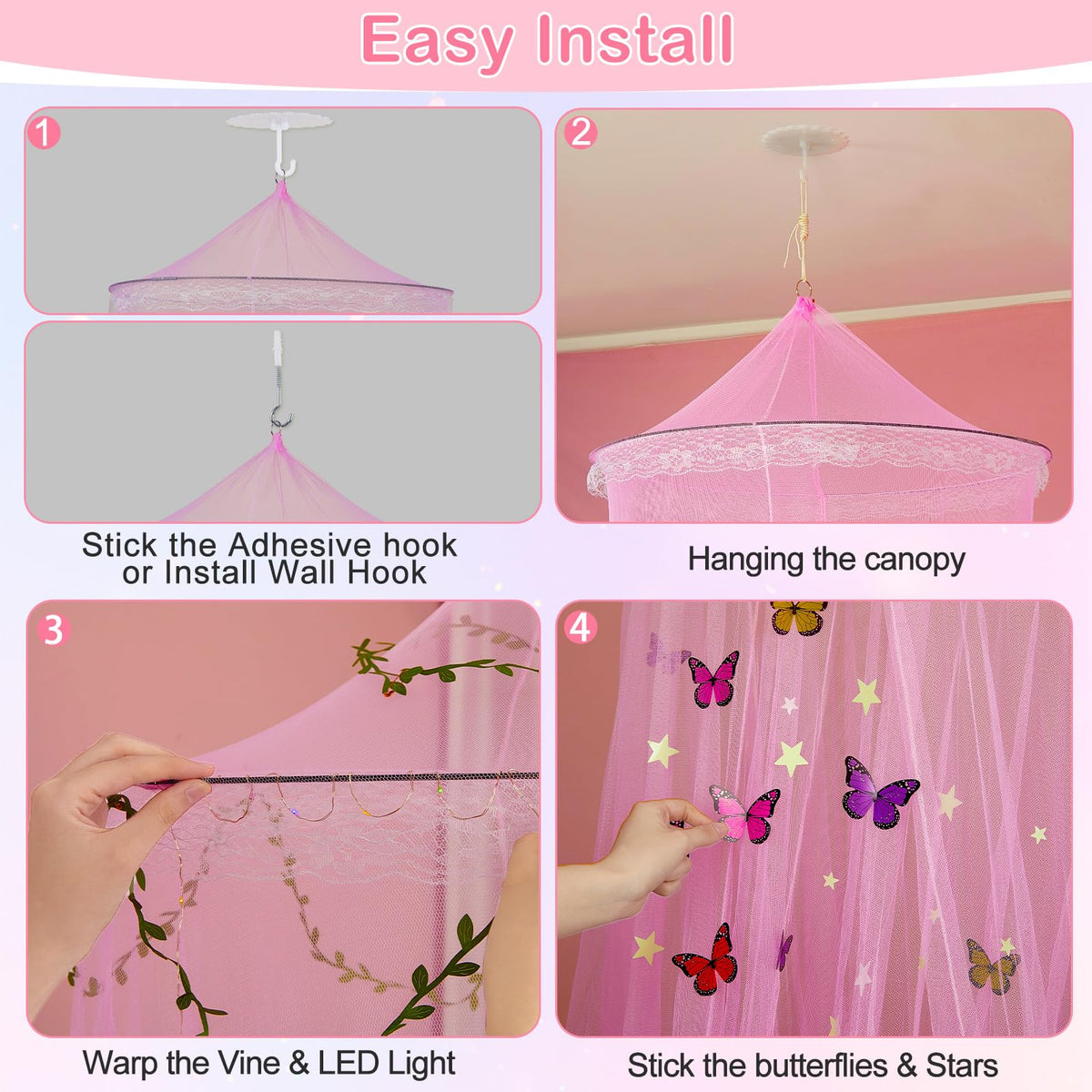 FIOBEE Bed Canopy for Girls Room with LED Light Kids Toddler Bedroom Decor