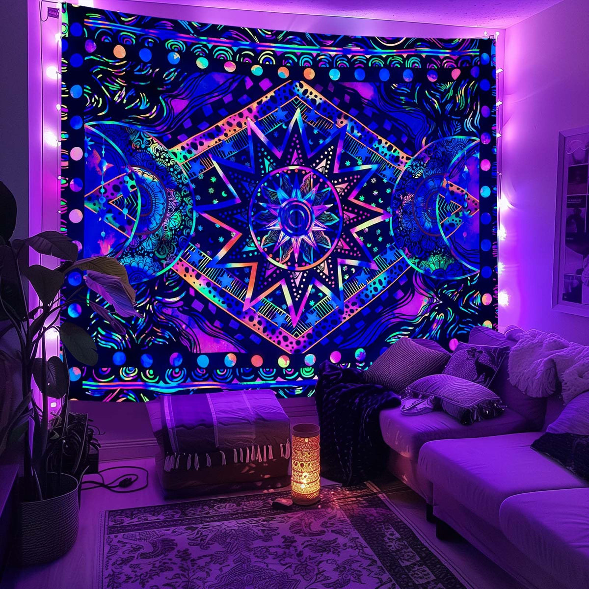 Blacklight Sun and Moon Tapestry Glow in The Dark Neon Hippie Bohemian Tapestries for Bedroom Aesthetic UV Reactive Purple Celestial Tie Dye Tapestry Wall Hanging for Living Room Dorm (40'' × 30'')