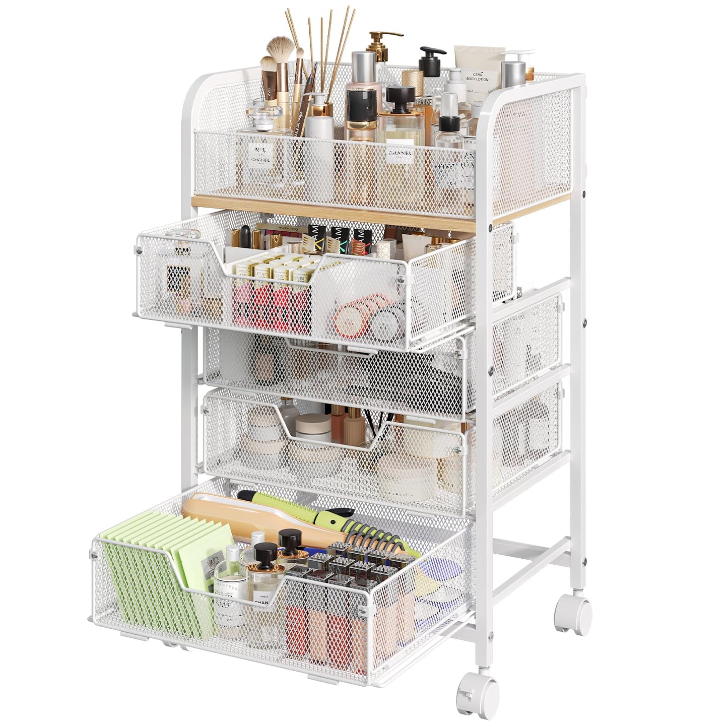 Hongtamoya Makeup Cart Organizer with 4 Drawers, Large Floor Skincare Organizers, Vanity Storage Organizer Cosmetics Display Cases for Skin Care Perfume Nail Polish, White