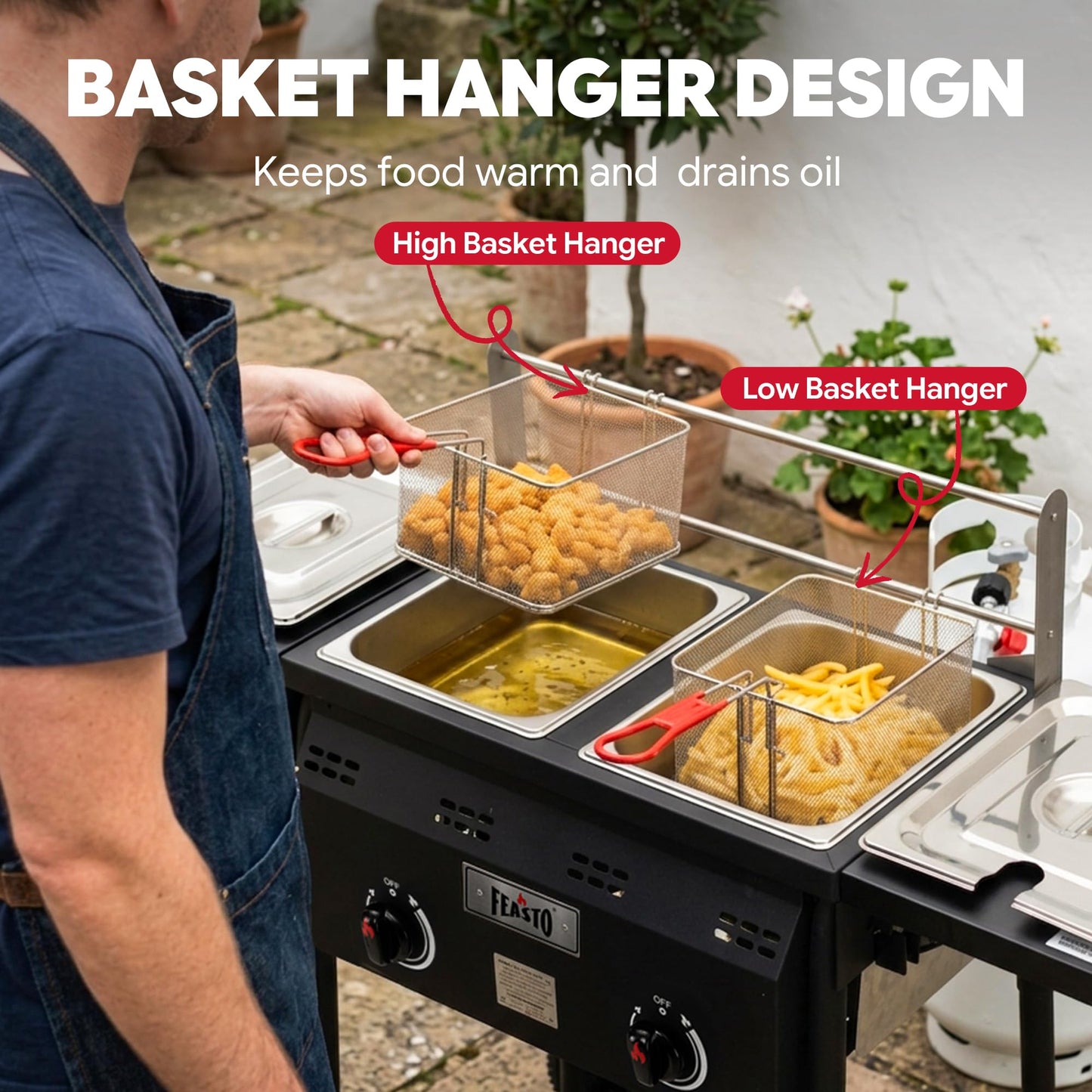 Feasto Outdoor Propane Deep Fryer with Rolling Cart, Dual Tank Fish Fryer with 2 Independent Burners, 100,000 BTU, 4-Gal Oil Capacity, Frying Station with Baskets for Fish, Fries & Chicken