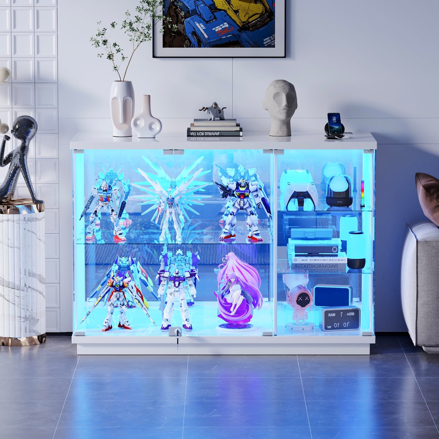 Lvifur Glass Display Cabinet with Lock & LED Light, High Gloss Sideboard with Human Body Sensor & Glass Shelves for Toys, Books, Collectibles, Liquor, Bookcase for Living Room, Kitchen, Study, White