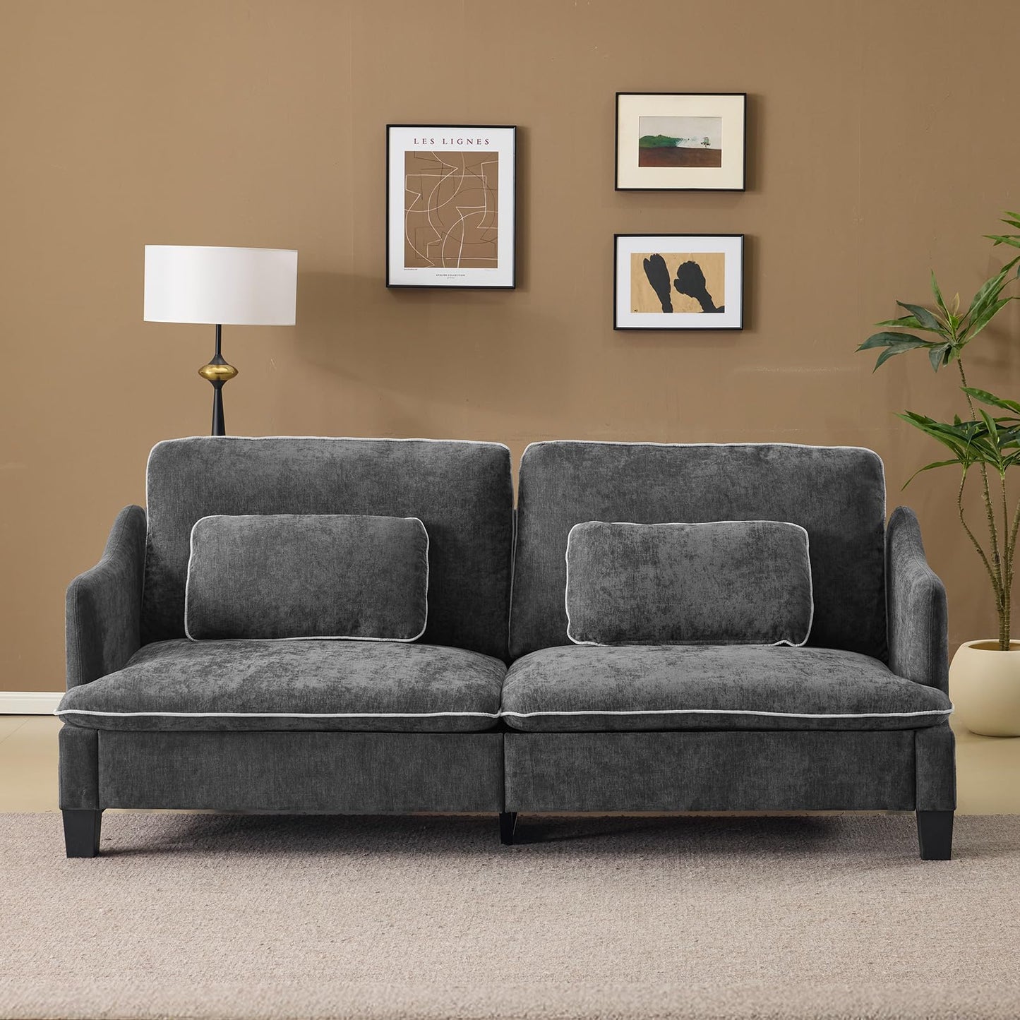 VINGLI 84" Sofa Couch, 3 Seater Extra Deep Seat Upholstered Living Room Couches with 2 Piped Seater Cushions, Throw Pillows, Modern Linen Velvet Fabric Sofa for Apartment, Bedroom, Office
