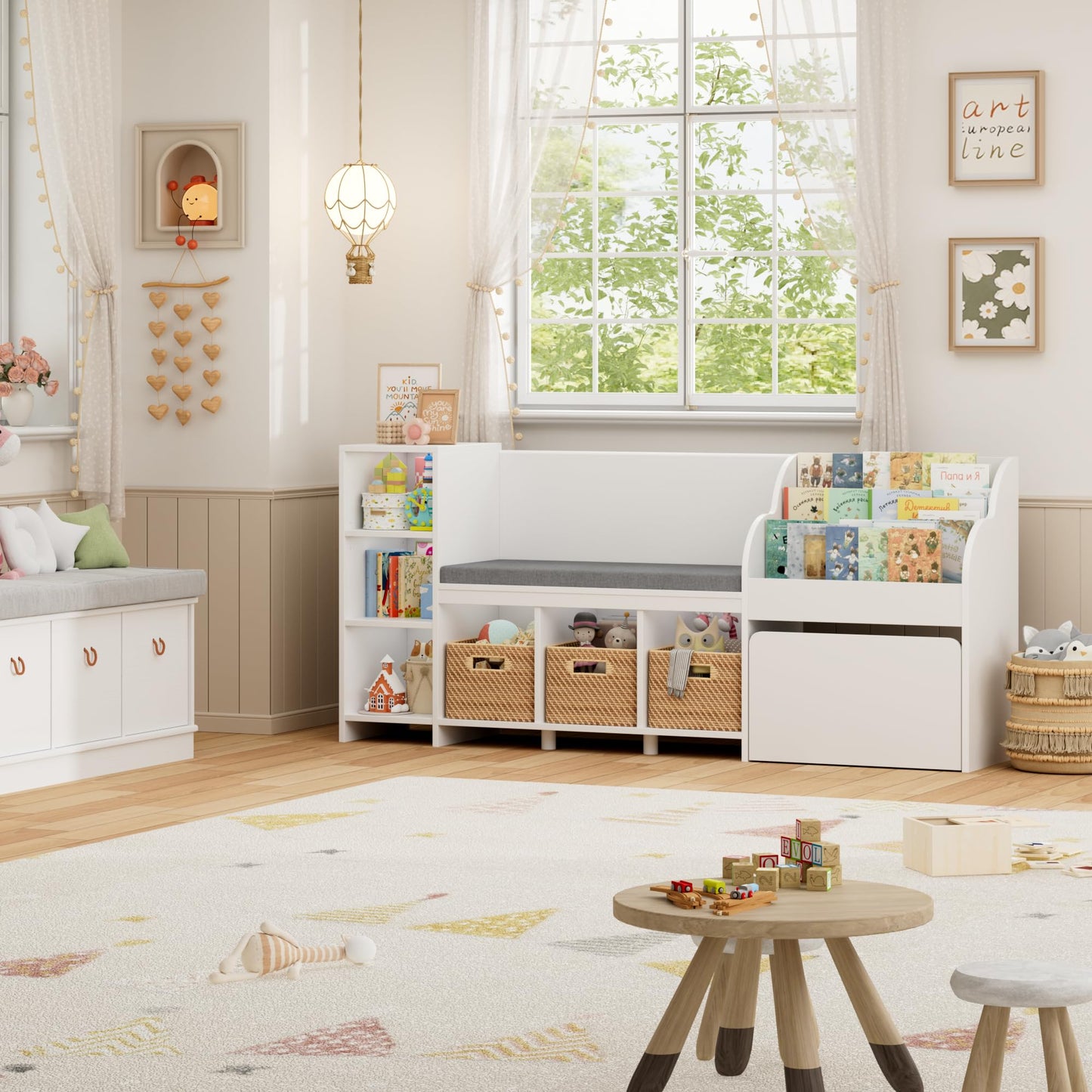 HOSTACK 67" W Kids Reading Nook with Toy Storage Organizer, Large Kids Bookshelf with Toy Storage Box on Wheels, Big Kid Bookcase with Bench and 6 Open Cubbies for Playroom, Kid Room, White