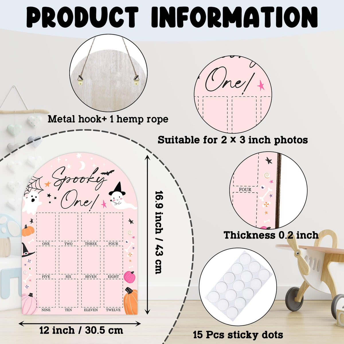 UIBOVA Halloween My First Year Photo Board, Spooky One Ghost Baby Milestone Signs for Boys Girls Nursery Decor, 12 Month Wooden Picture Board for 2x3 Photos, Best Babies Keepsake Gifts-A22