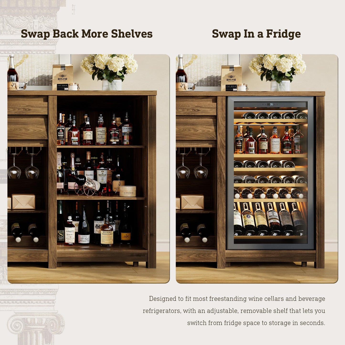 STO'SENSE Extra Large Coffee Bar Cabinet w/Fridge Space&Power Outlet,Lux MiniFridge Cabinet w/2Drawers,Wine Rack,Leather Handle,Adj.Shelves,Bar Tray,Glass Holder&Sliding Door,Buffet Sideboard,Walnut