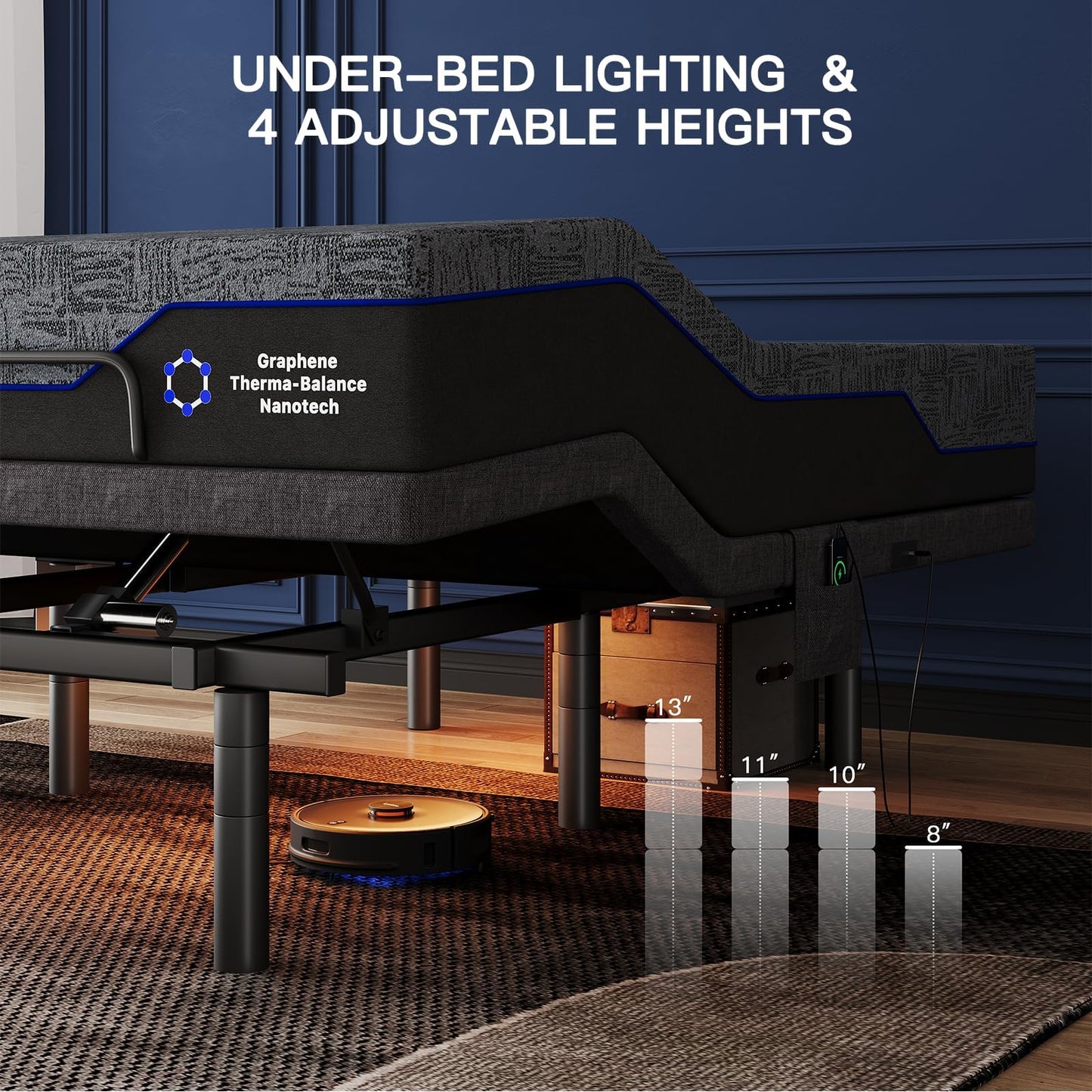 Pipishell Queen Adjustable Bed Frame and 12 Inch Memory Foam Mattress with Massage, Zero Gravity, Anti-Snore, Head and Foot Incline, Wireless Remote, 4 USB Ports, LED Night Light, Medium Firm Support