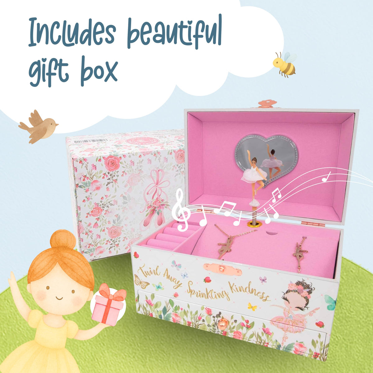 The Memory Building Co Ballerina Musical Jewelry Box Plays Classic Melody, Storage Organizer Music Box for Kids Ages 6-12, MDF Wood w/ 2 Fabric Lined Ring Bracelet Necklace Treasure Compartments